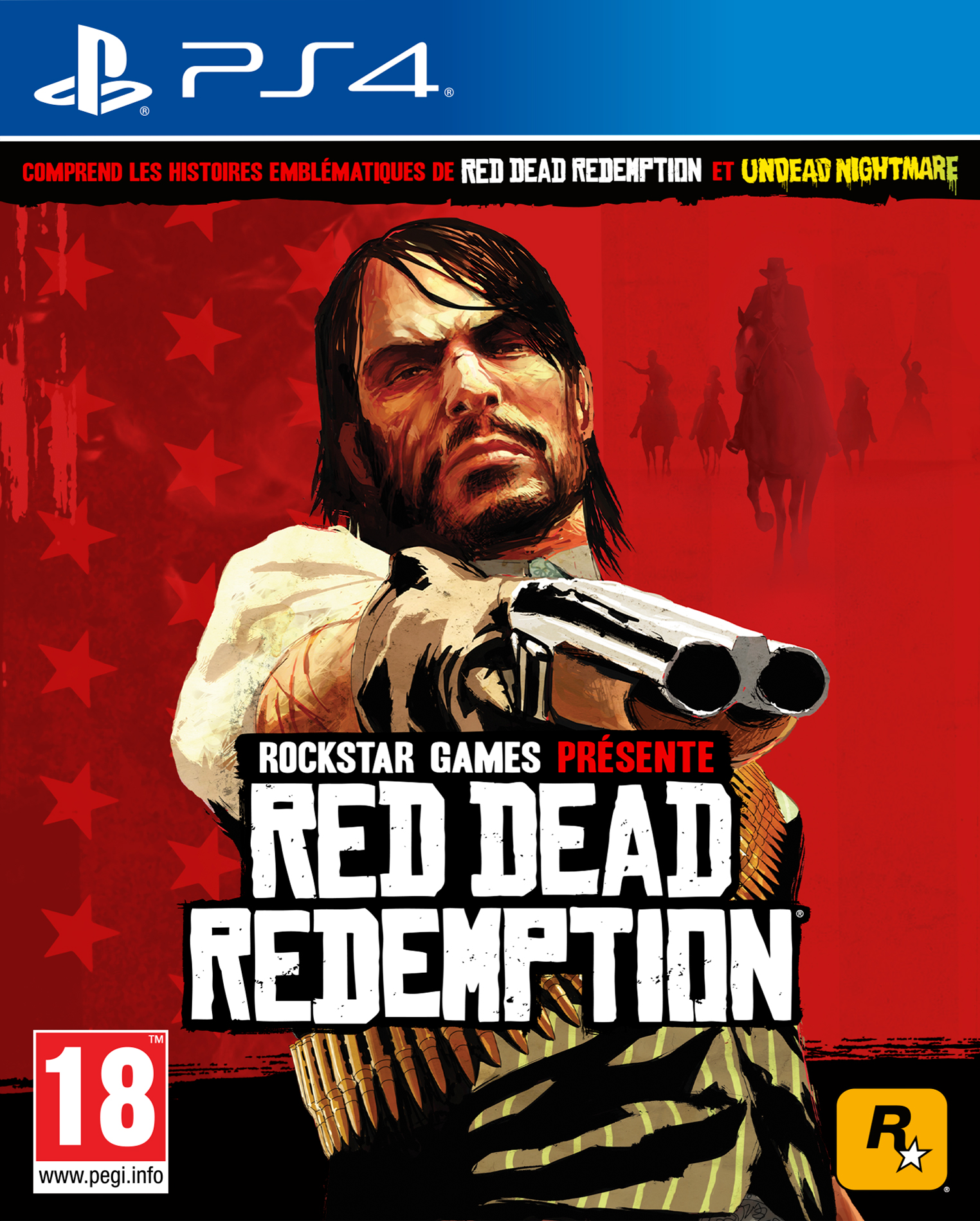 Red Dead Redemption game cover met een man die een pistool vasthoudt. Rode achtergrond met witte sterren.