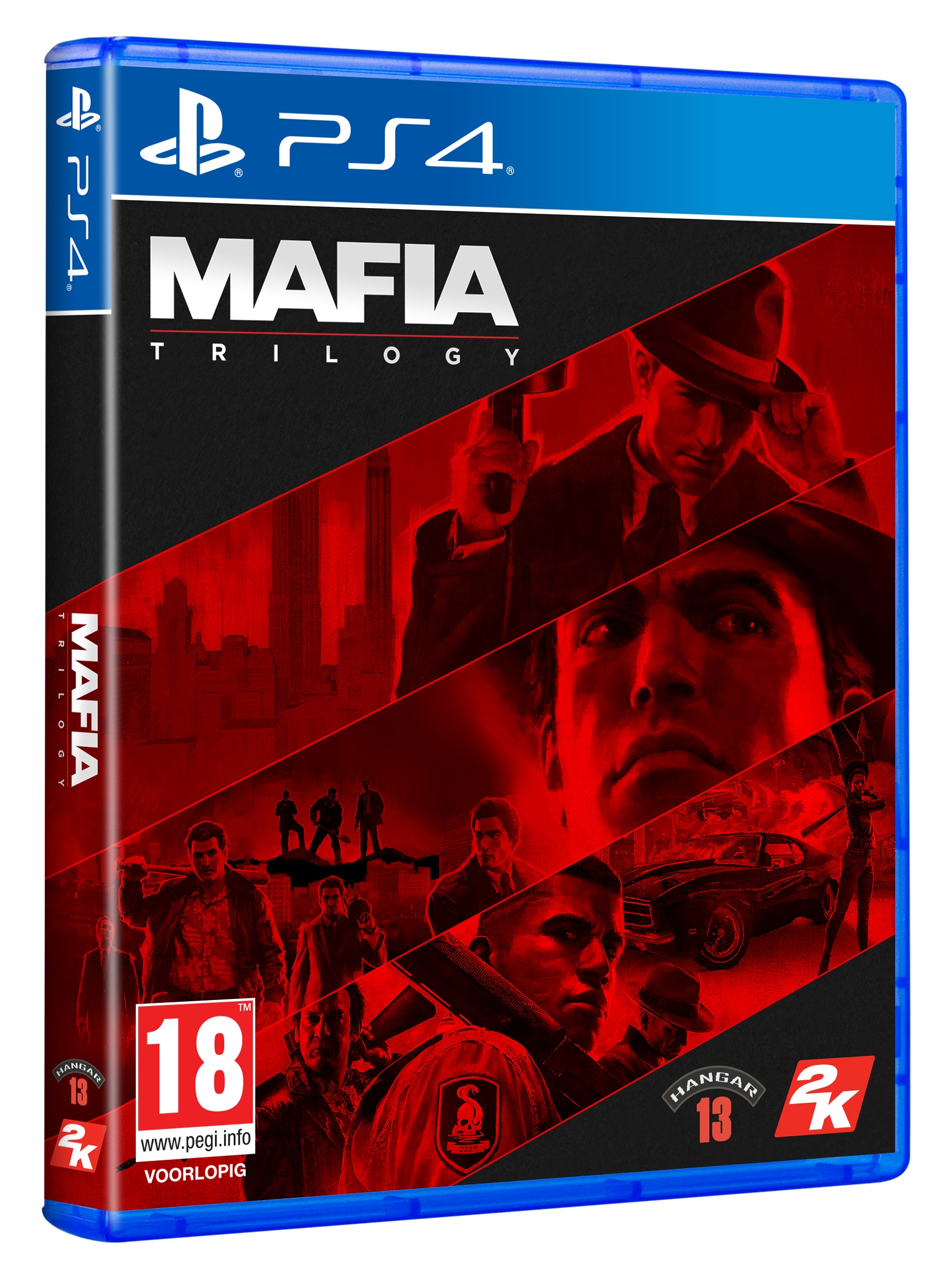 Scatola del gioco PS4: Uomini con pistole e auto. Il gioco si chiama "Mafia Trilogy".