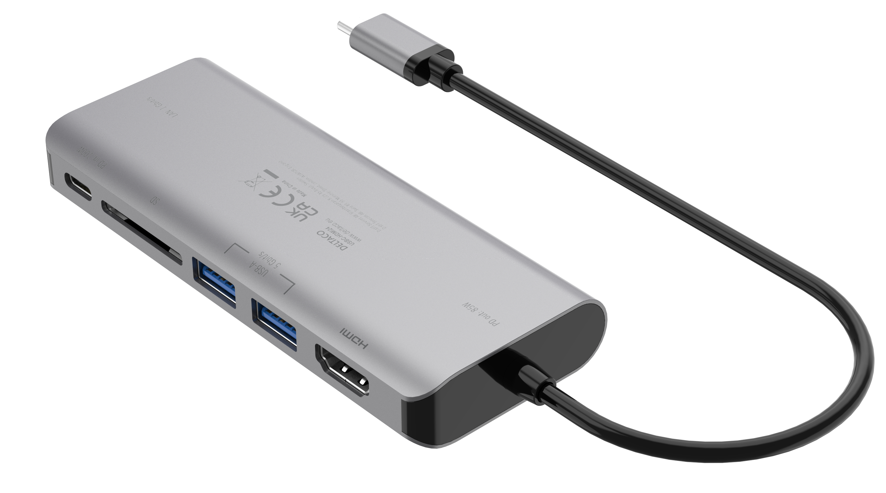 Hub USB-C argento con più porte e cavo nero collegato.
