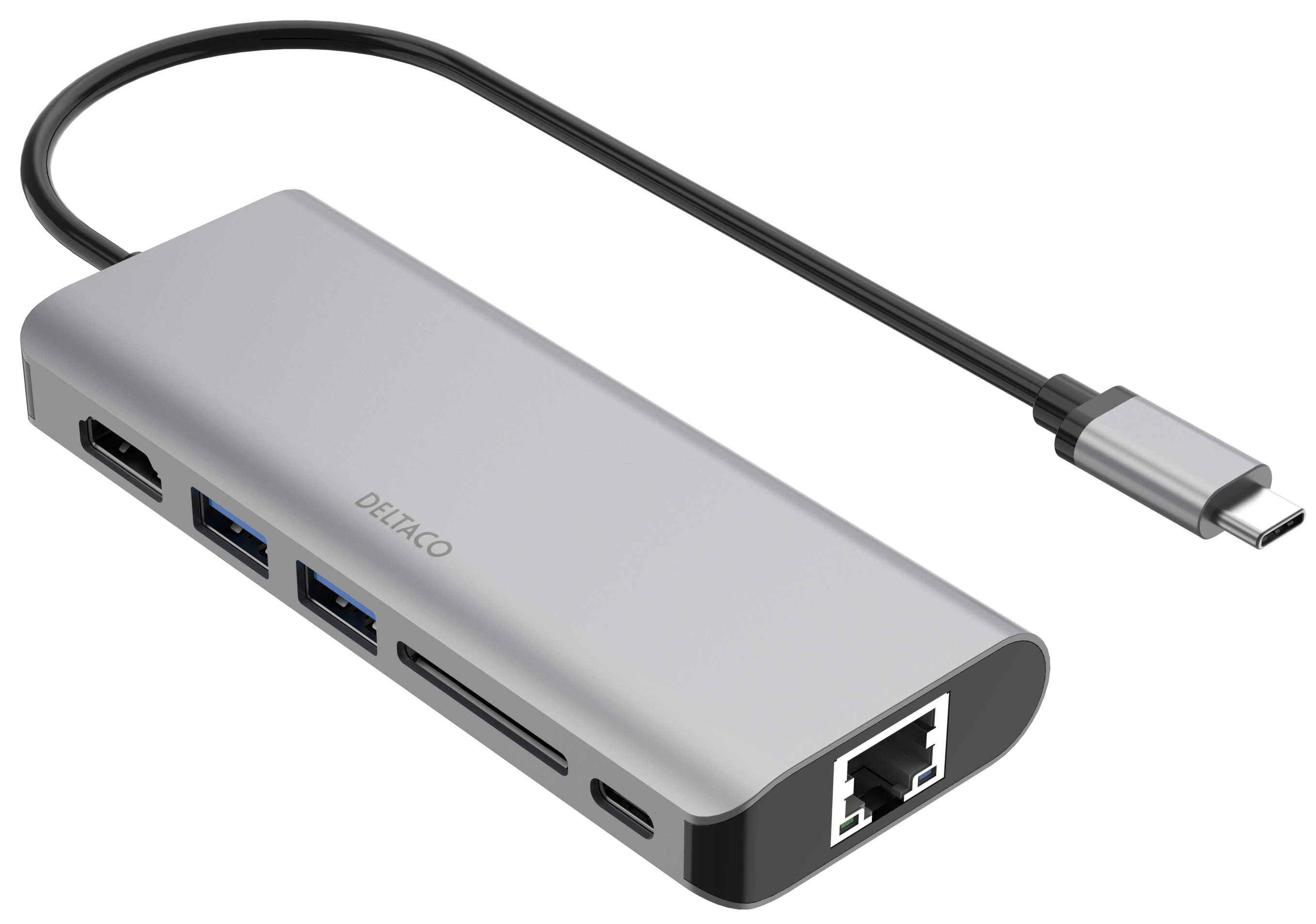 Hub USB-C argentato con porte HDMI, USB ed Ethernet. Cavo nero con connettore USB-C.