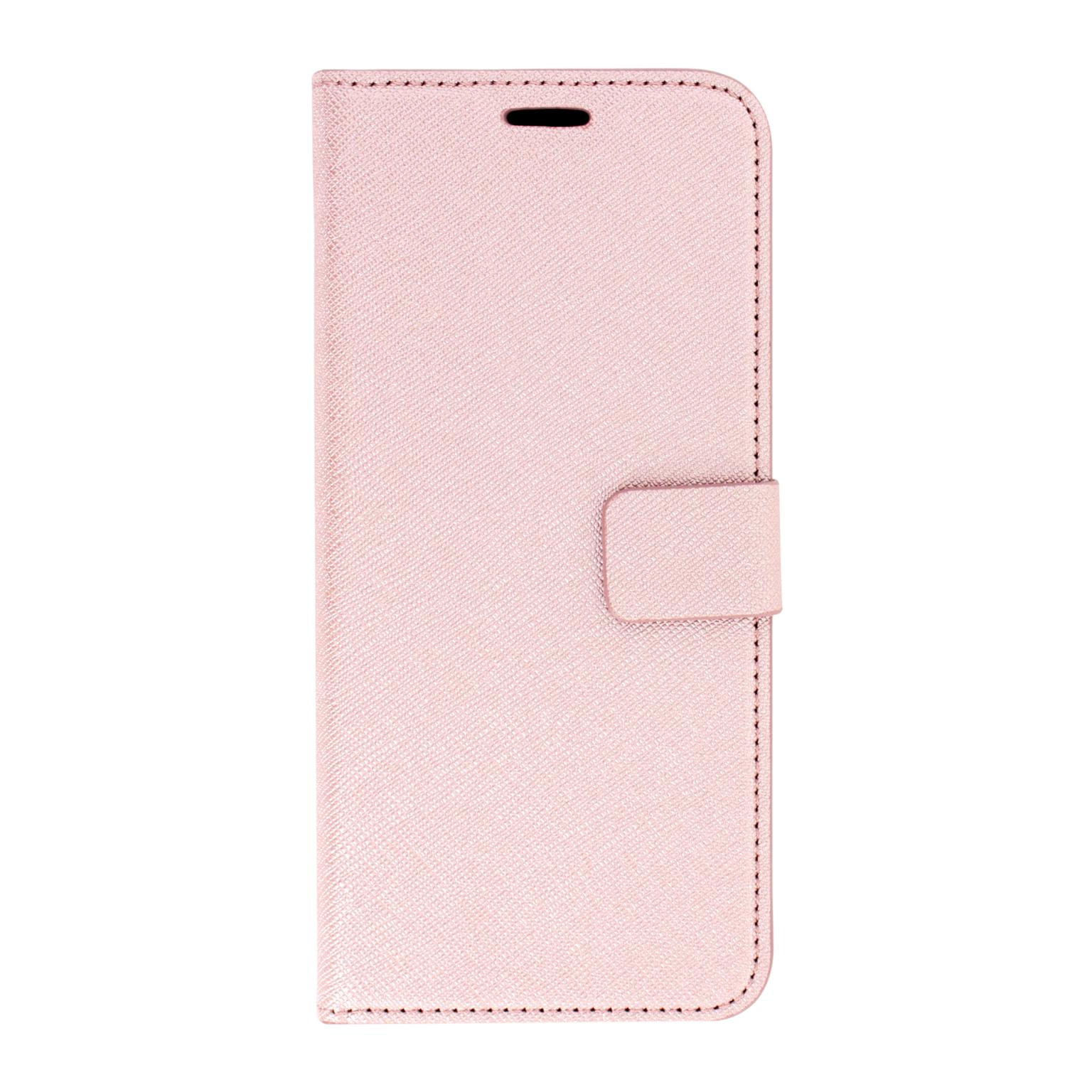 Roze telefoonhoesje met flap en magnetische sluiting. Eenvoudig ontwerp met een glad oppervlak.