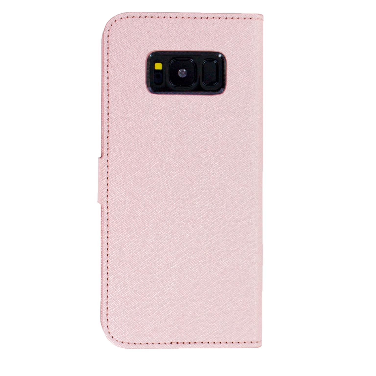 Roze telefoonhoesje met een zichtbare telefoon. De hoes is gesloten, met een textuur.