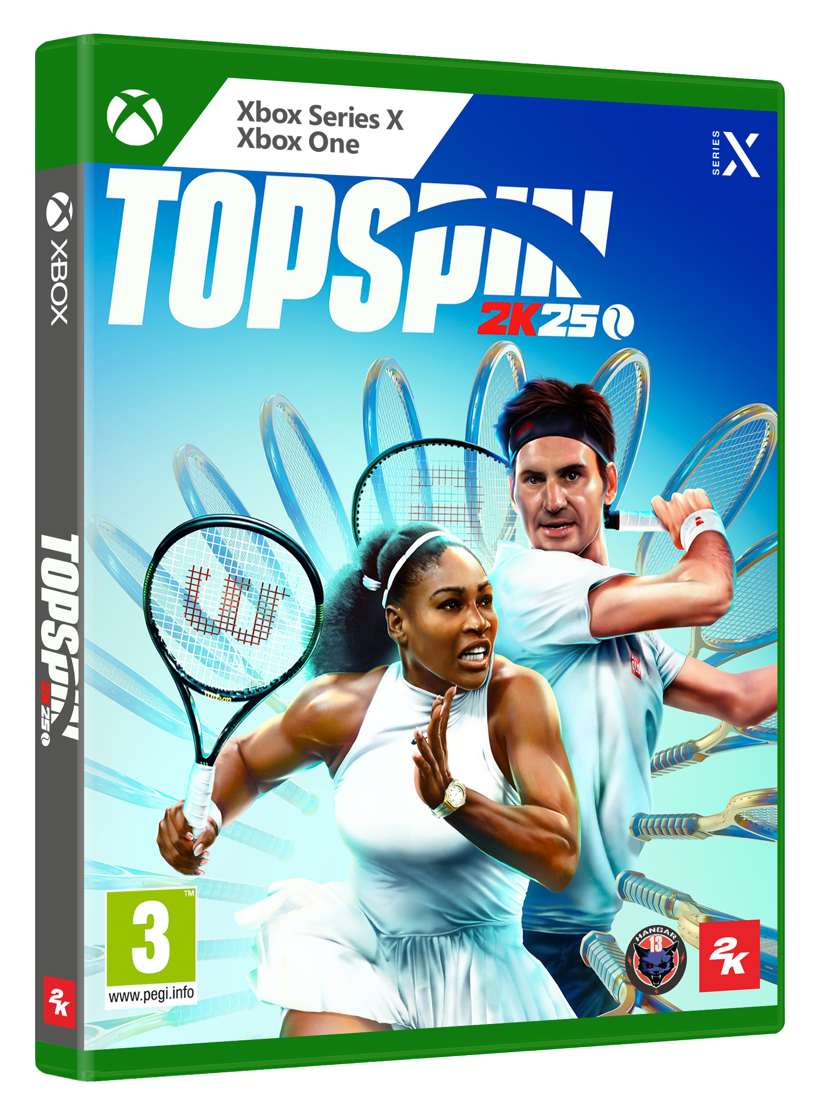 TopSpin 2K25 game cover met Serena Williams en Roger Federer die tennissen. Groen en wit.
