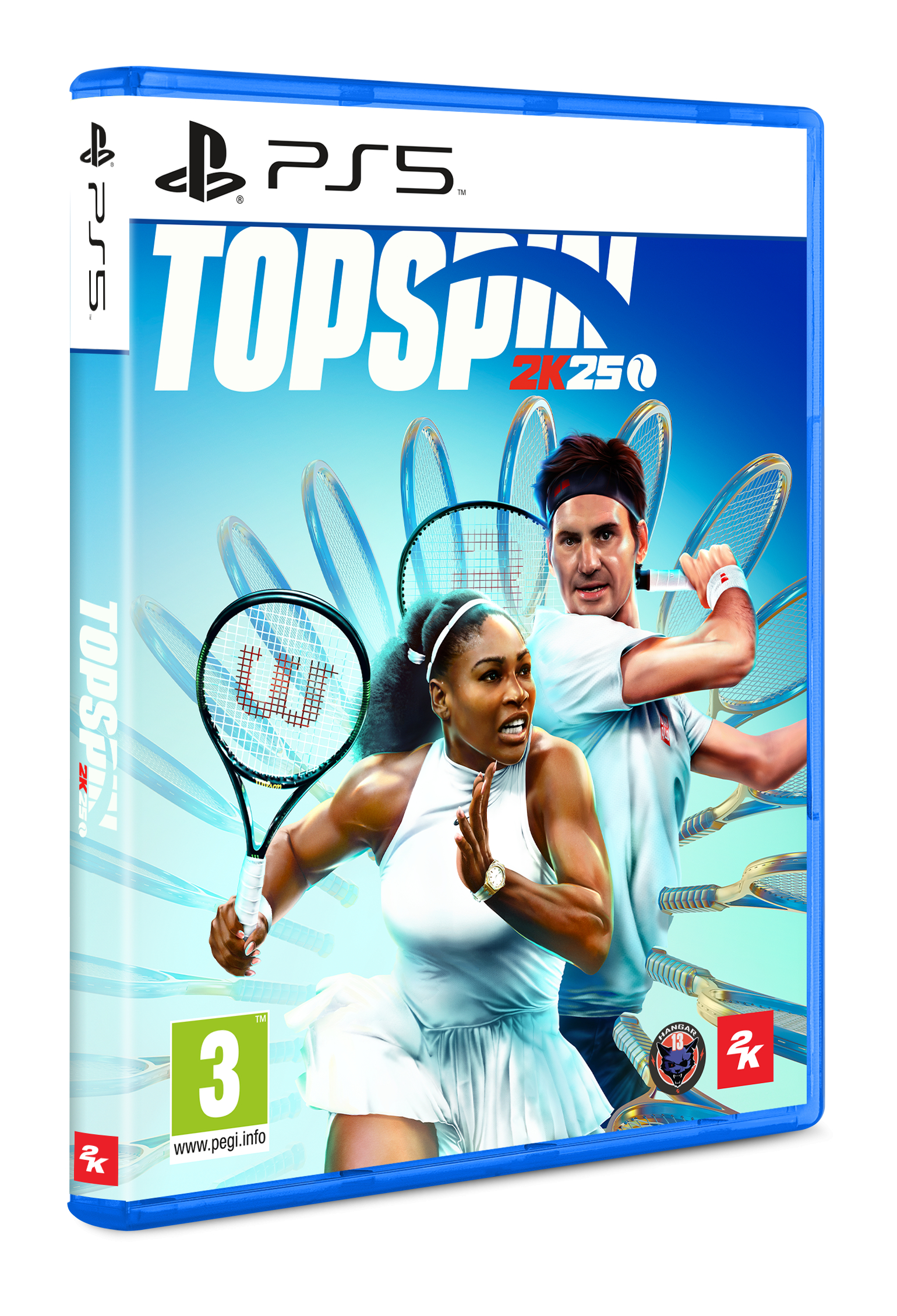 TopSpin 2K25 gamebox voor PS5, met tennissers Serena en Roger.