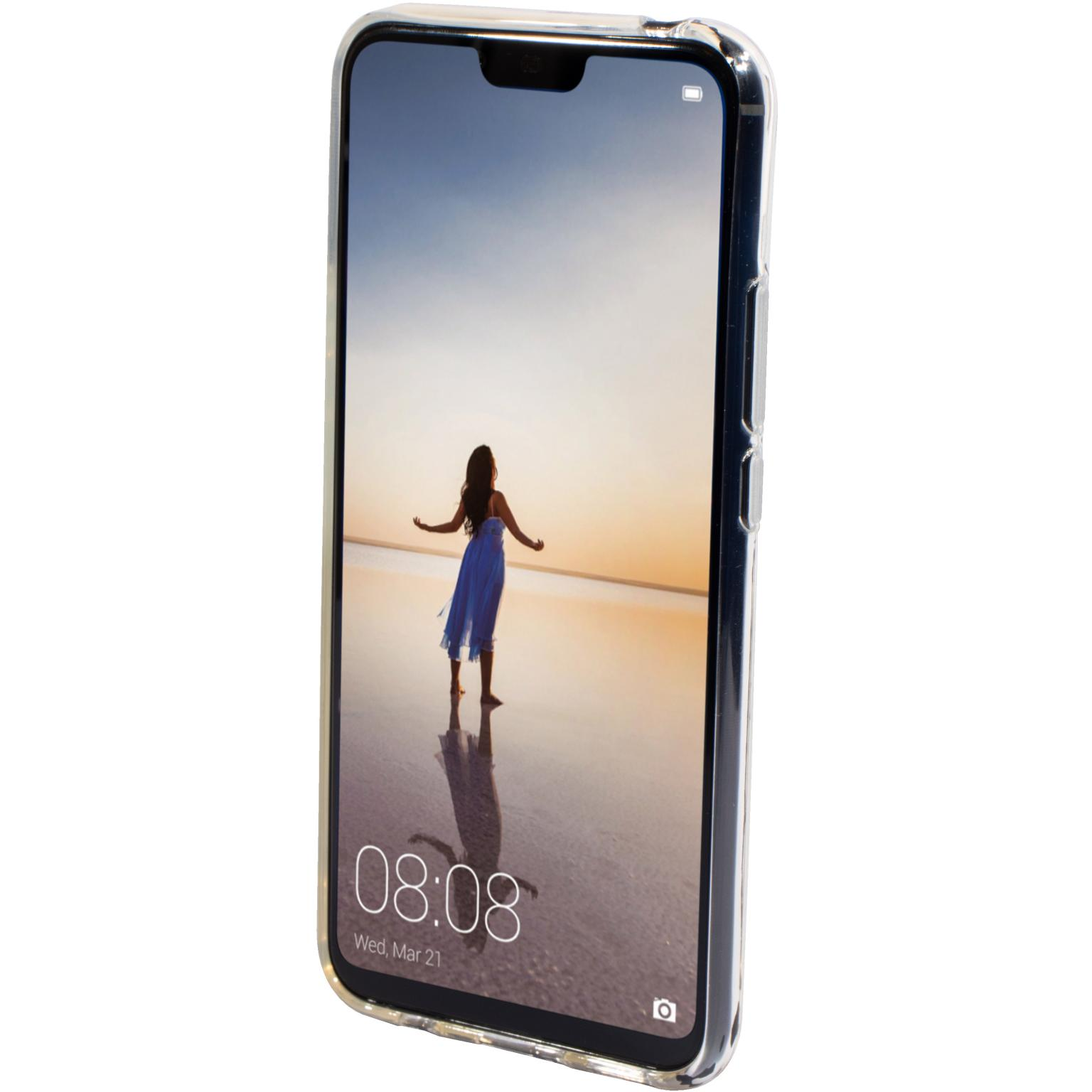 Een telefoon in een doorzichtige hoes, met een vrouw op het strand bij zonsondergang.