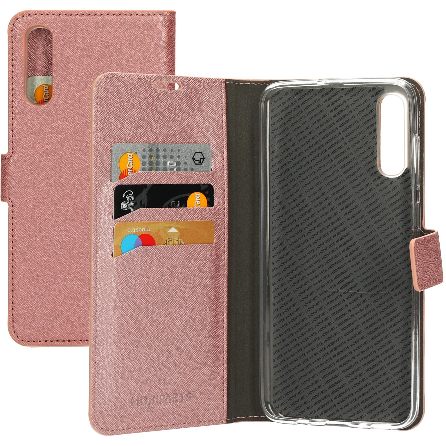Roze telefoonhoes, open. Drie kaartsleuven. Telefoon is niet geplaatst.