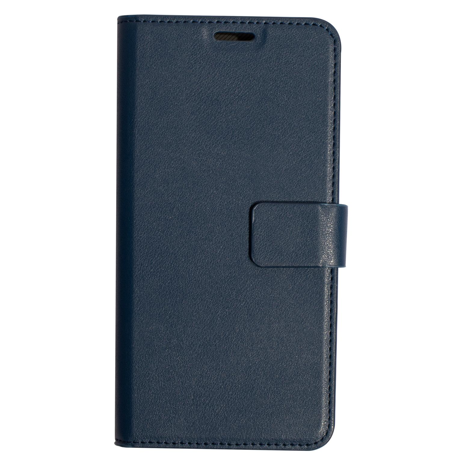Donkerblauwe leren telefoonhoes met magneetsluiting.