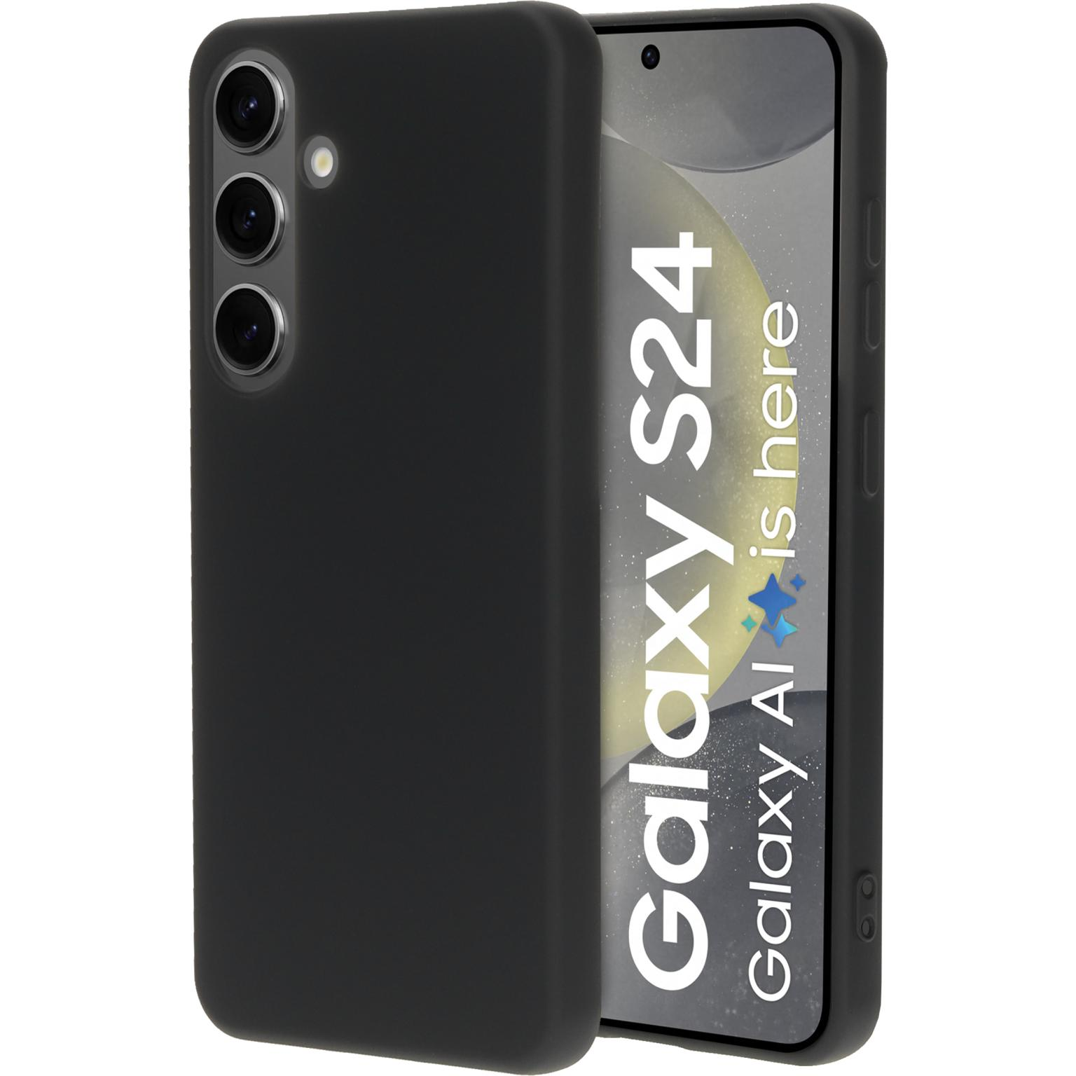 Zwarte telefoonhoes met een telefoon erin. De tekst "Galaxy S24" staat op de achterkant.