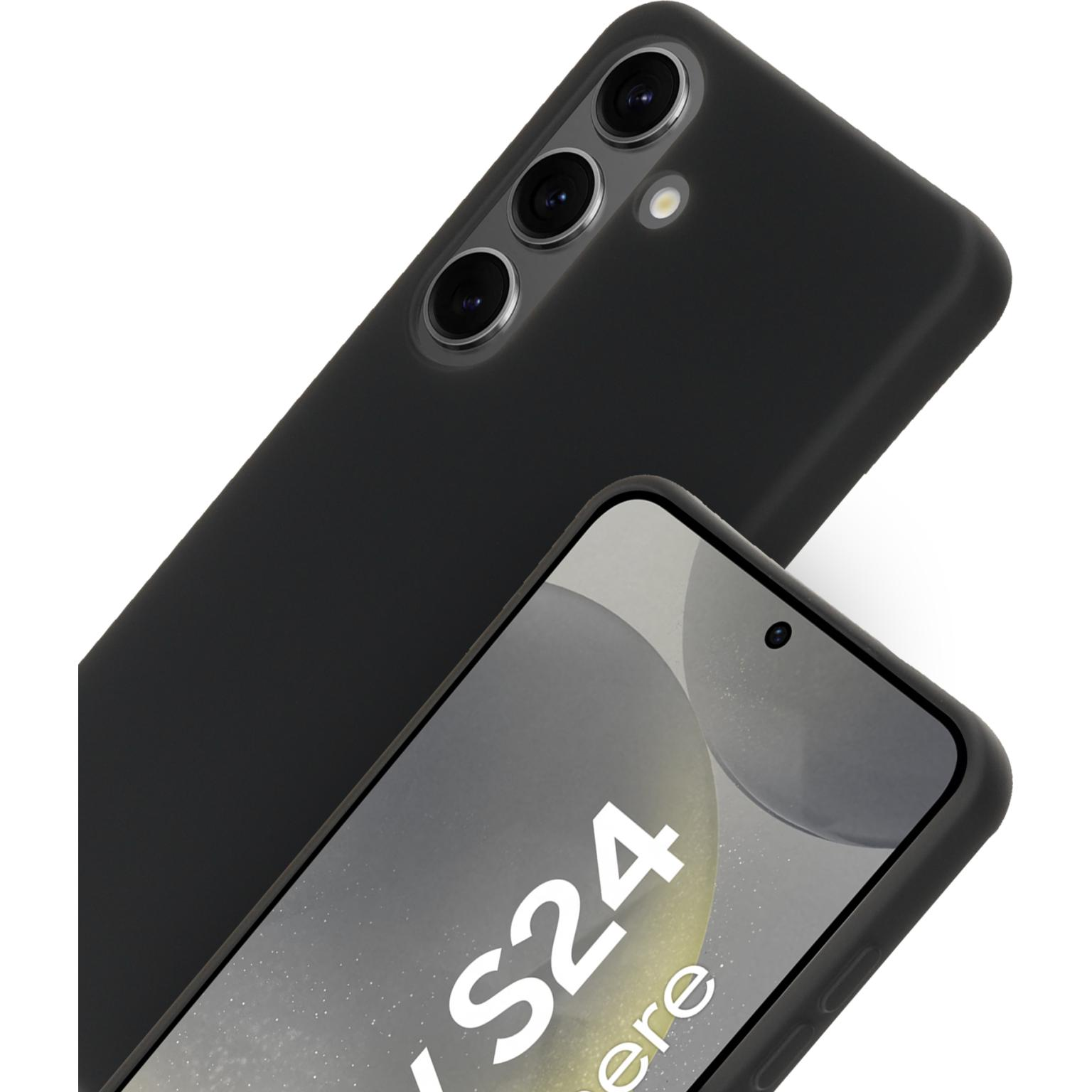 Een zwarte telefoon met een hoesje erop. De hoes heeft drie camera's.