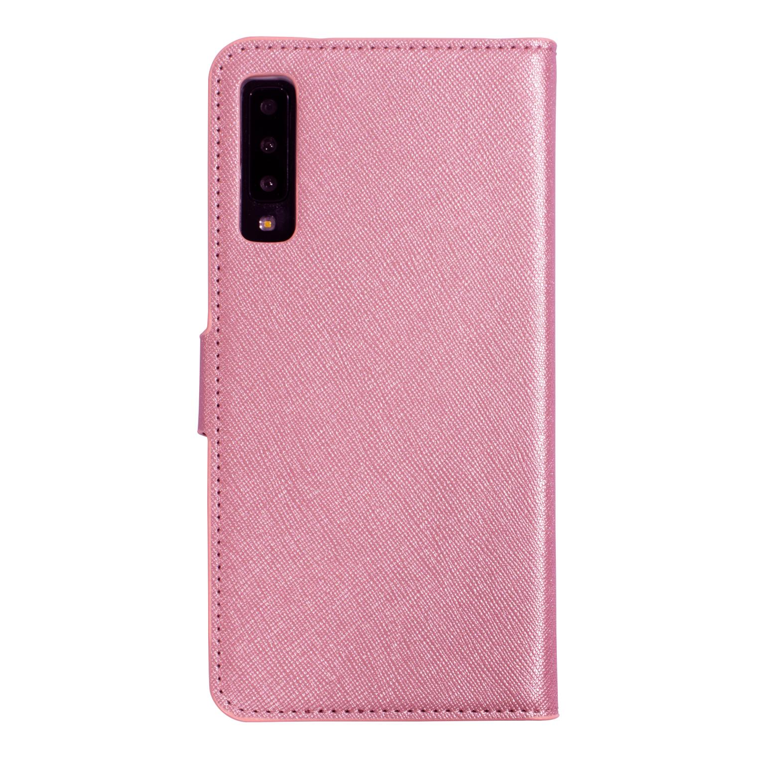 Roze telefoonhoesje met camera-uitsparing, gesloten, met magnetische sluiting.