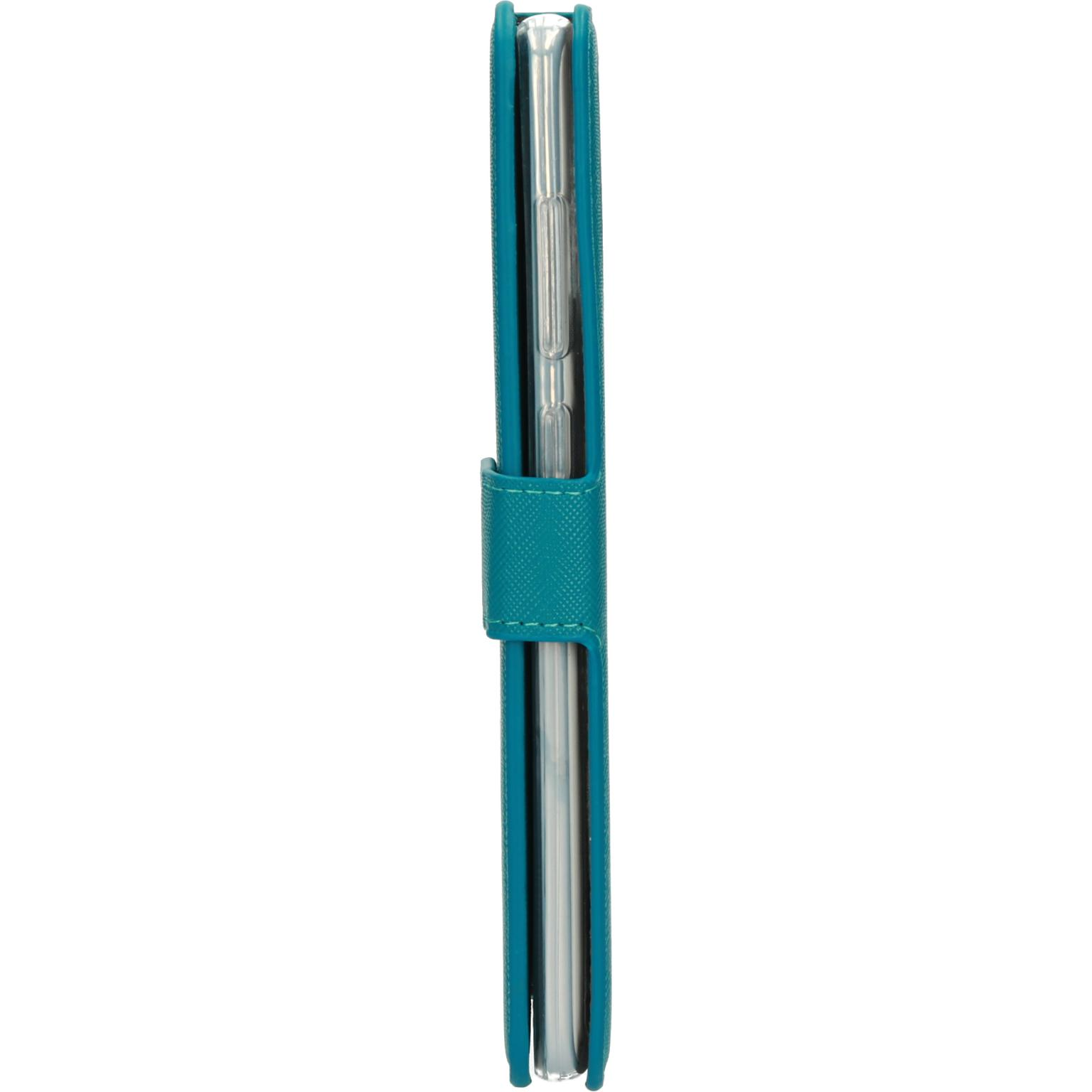 Blauwe telefoonhoes, zijaanzicht. Telefoon zit in de hoes.