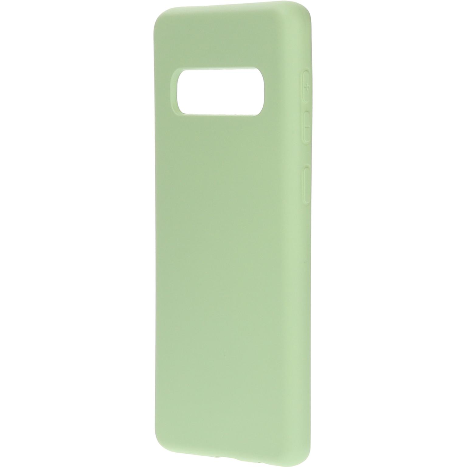 Lichtgroene telefoonhoes met rechthoekige camera-uitsparing en zijknoppen. Eenvoudig ontwerp.