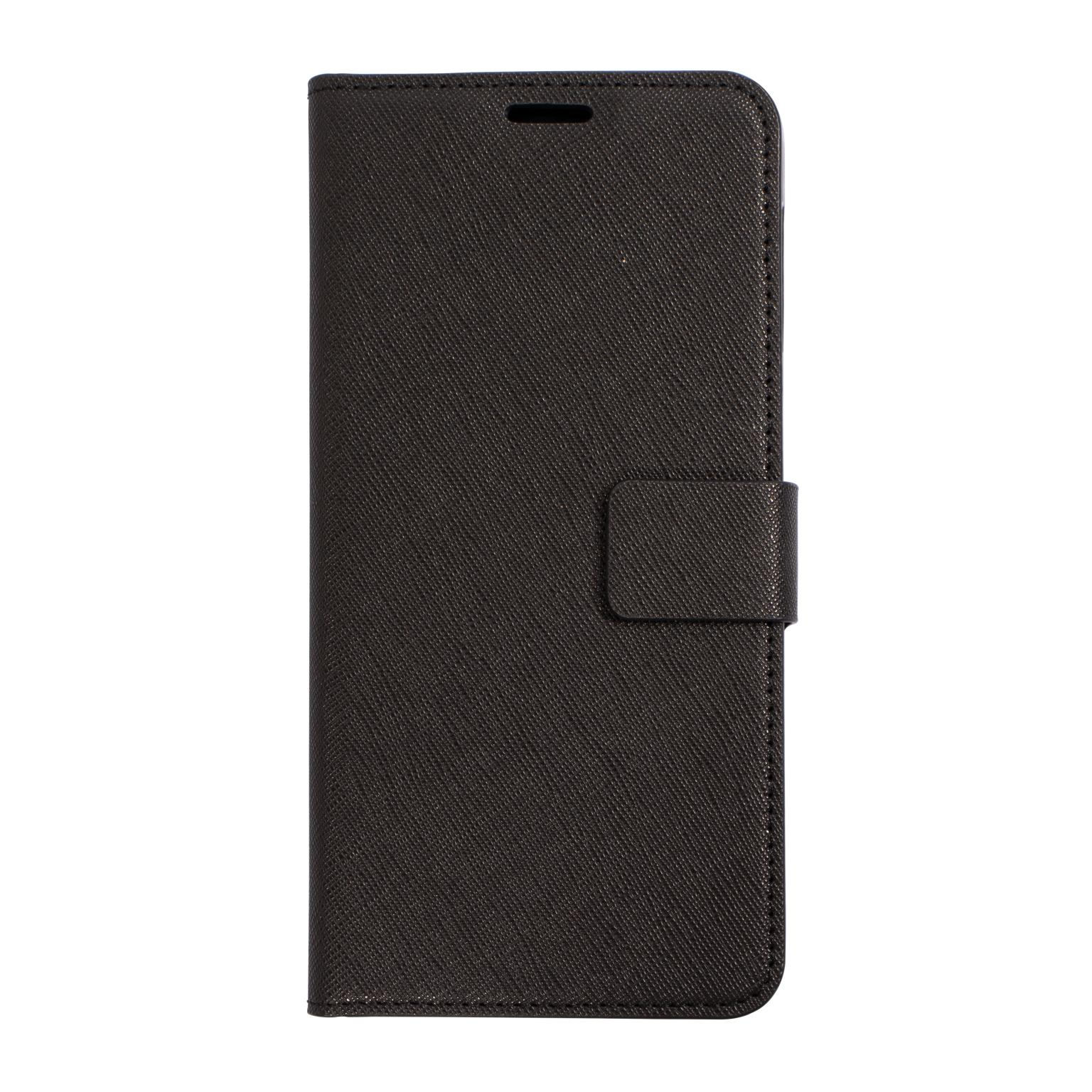 Zwart telefoonhoesje gesloten. De case heeft een magnetische sluiting. Witte achtergrond.