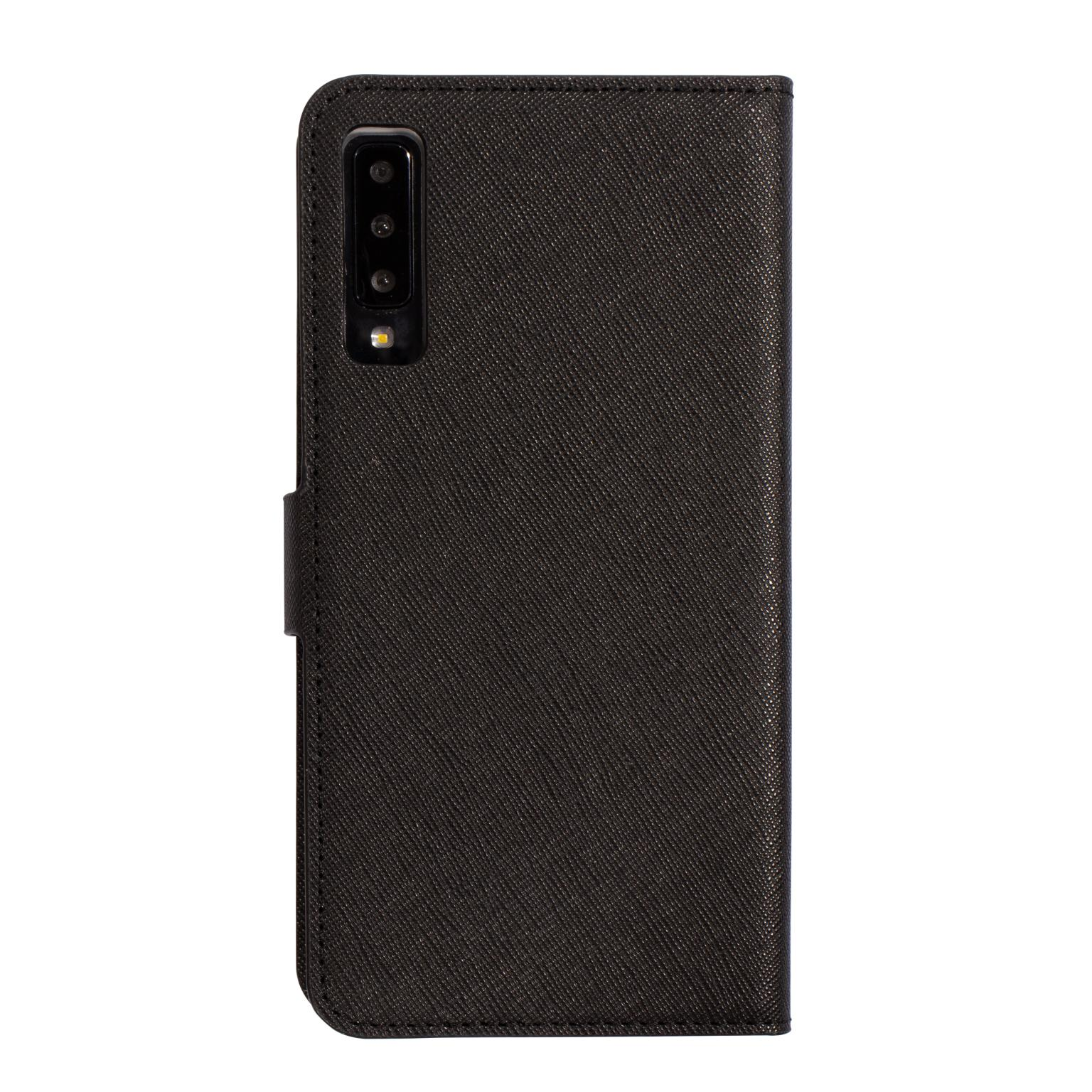 Zwarte telefoonhoes met getextureerd oppervlak. Het heeft een camera-uitsparing en een magnetische sluiting.