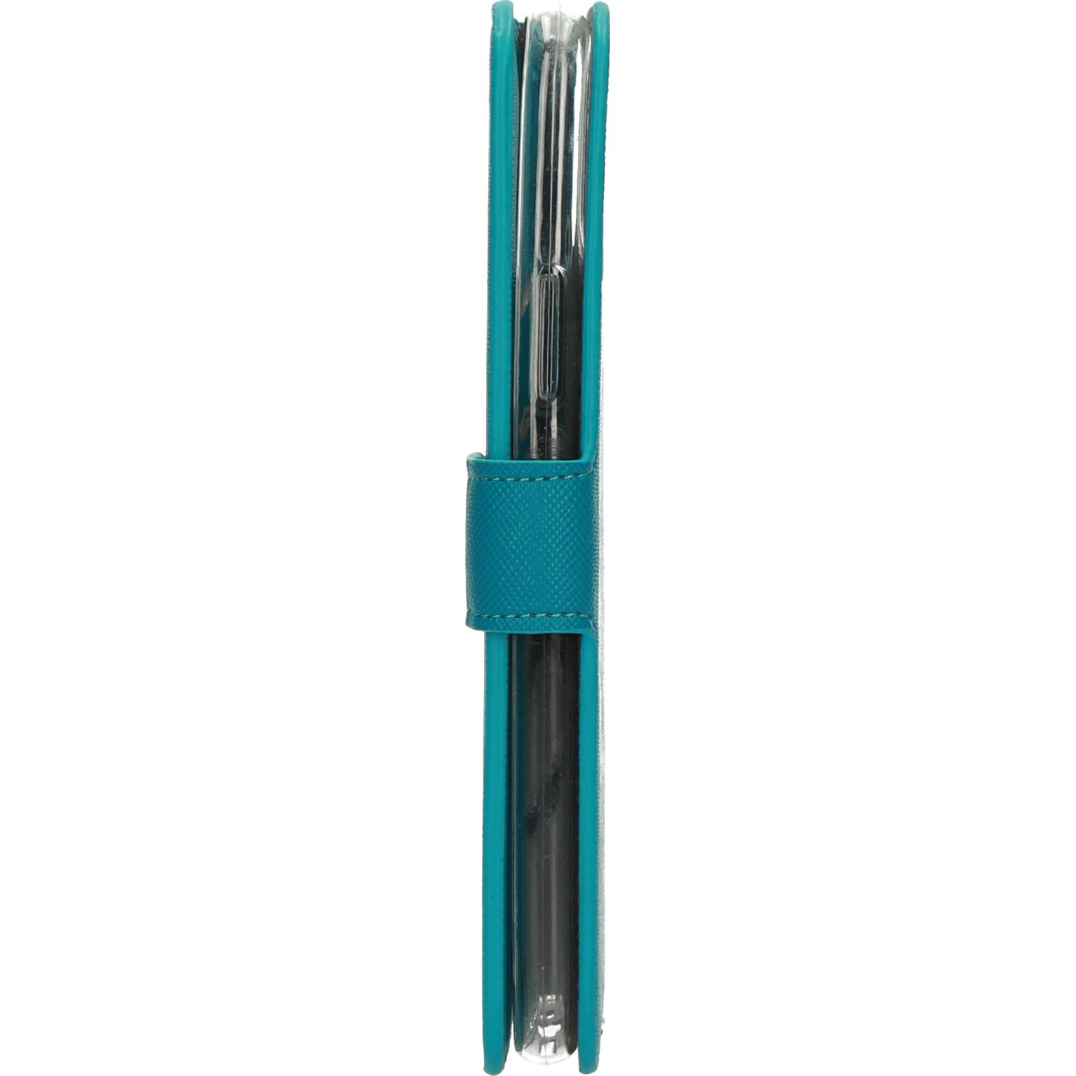 Blauwgroene telefoonhoes, zijaanzicht, met een doorzichtige telefoonhouder. Magnetische sluiting.