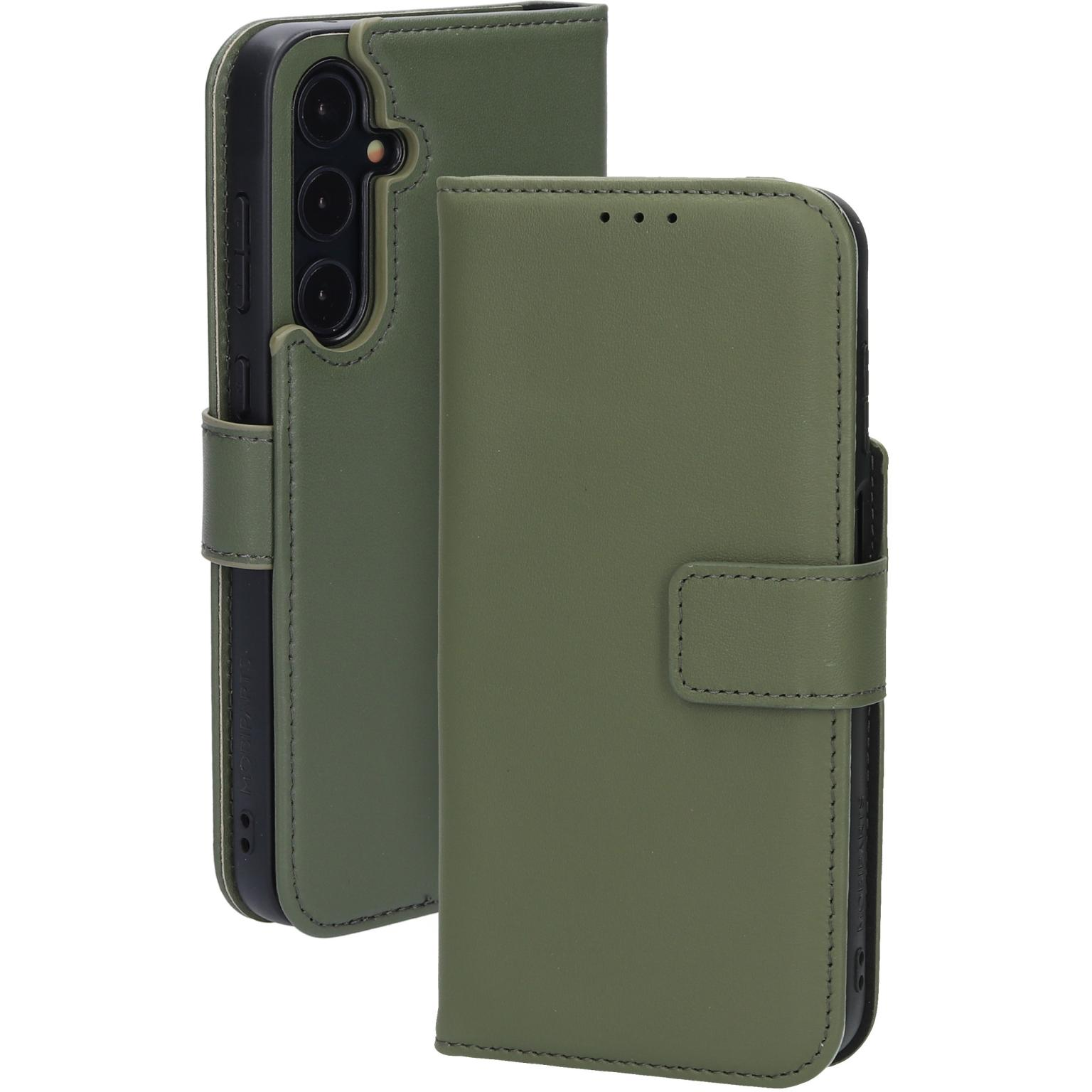 Groene telefoonhoes, open, met de telefoon erin en een kaarthouder.