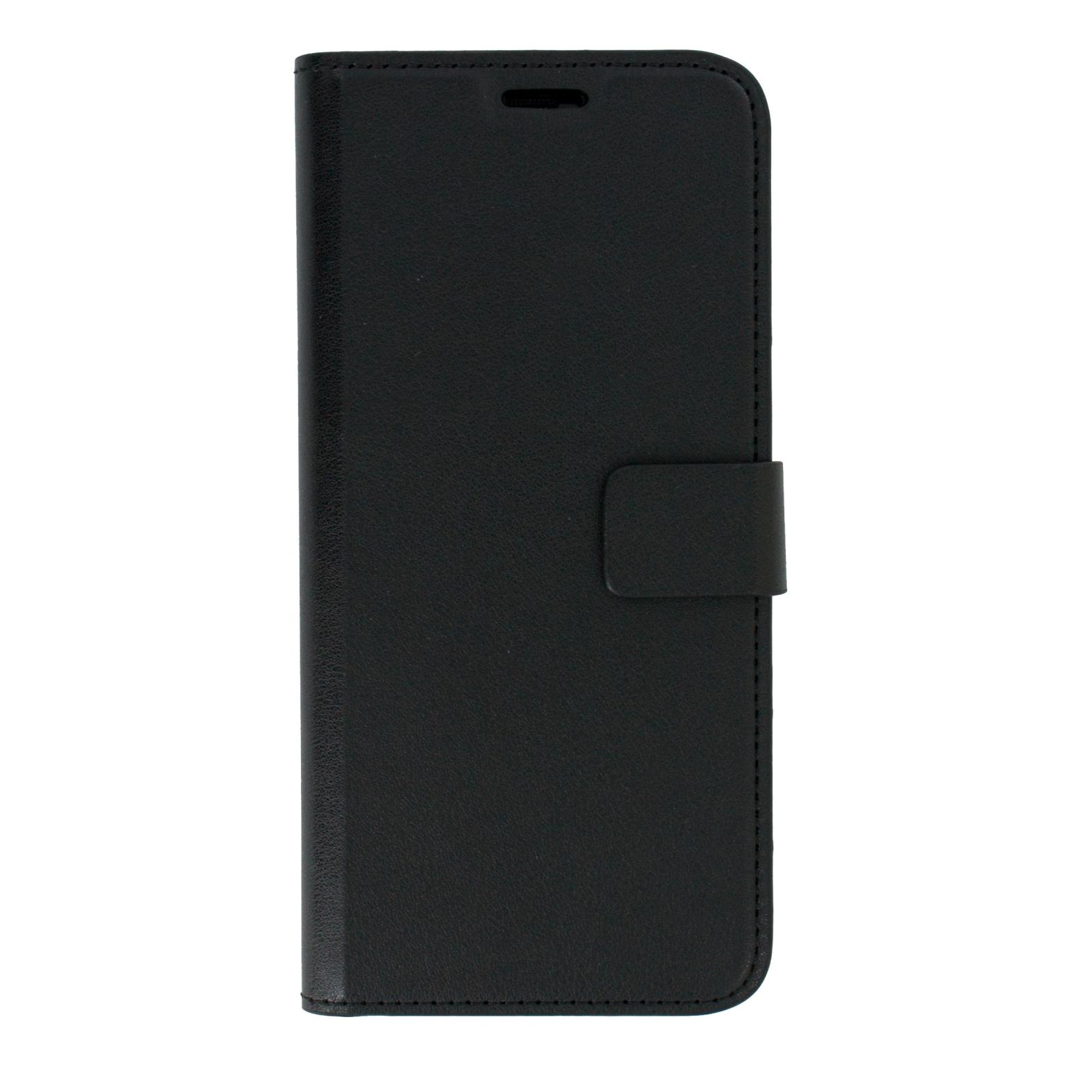 Zwarte telefoonhoes gesloten. De hoes heeft een magnetische sluiting.