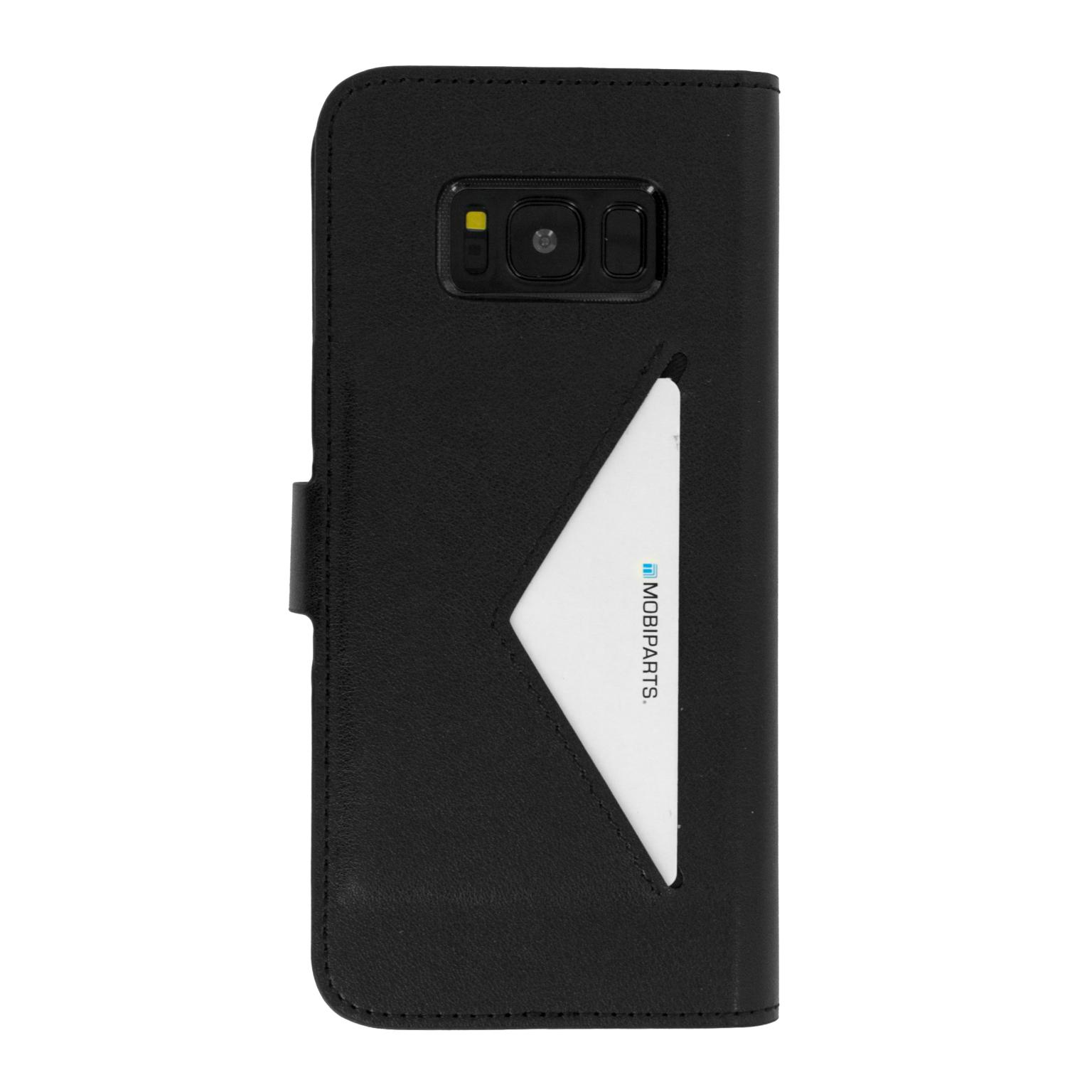Zwarte leren telefoonhoes met wit MOBIPARTS logo. Telefooncamera zichtbaar.