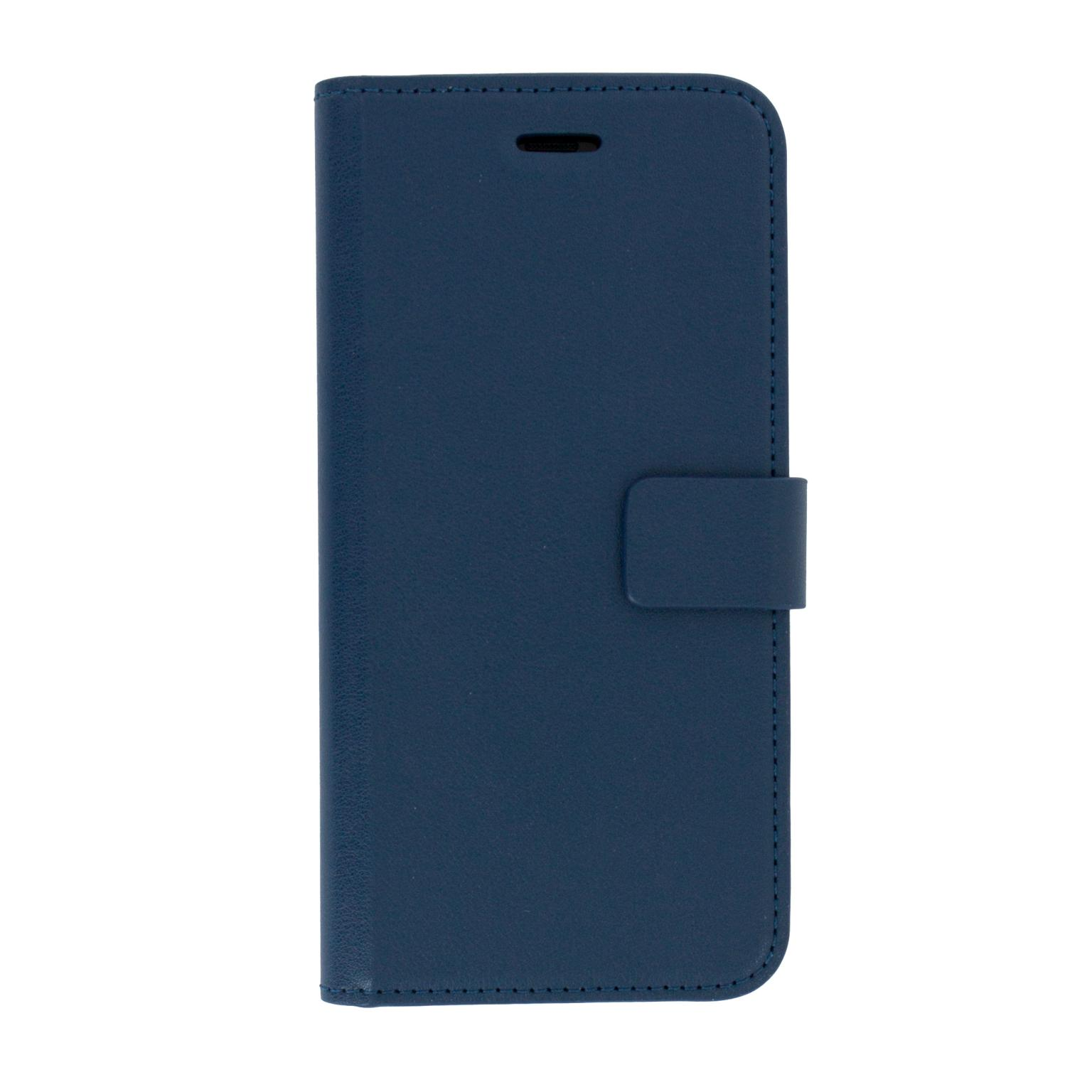 Donkerblauwe leren telefoonhoes met magneetsluiting, gesloten.