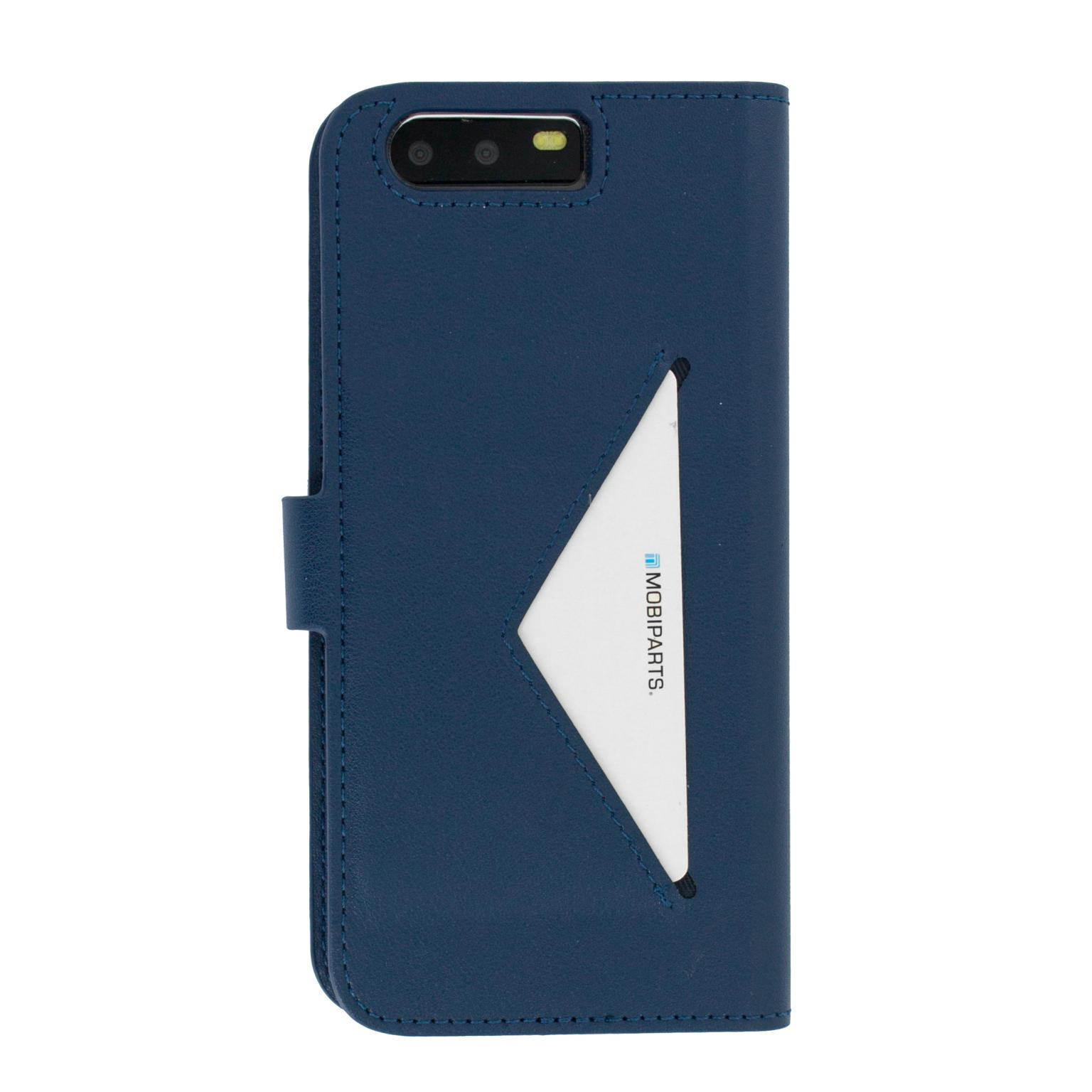 Blauwe telefoonhoes met wit Mobiparts-logo en kaartsleuf.