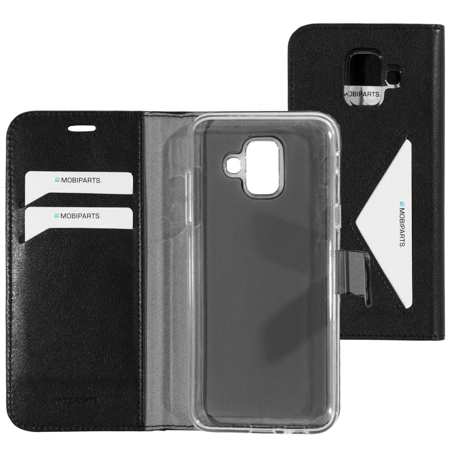 Black phone case, open, with card slots, clear phone holder, and a magnetic closure.