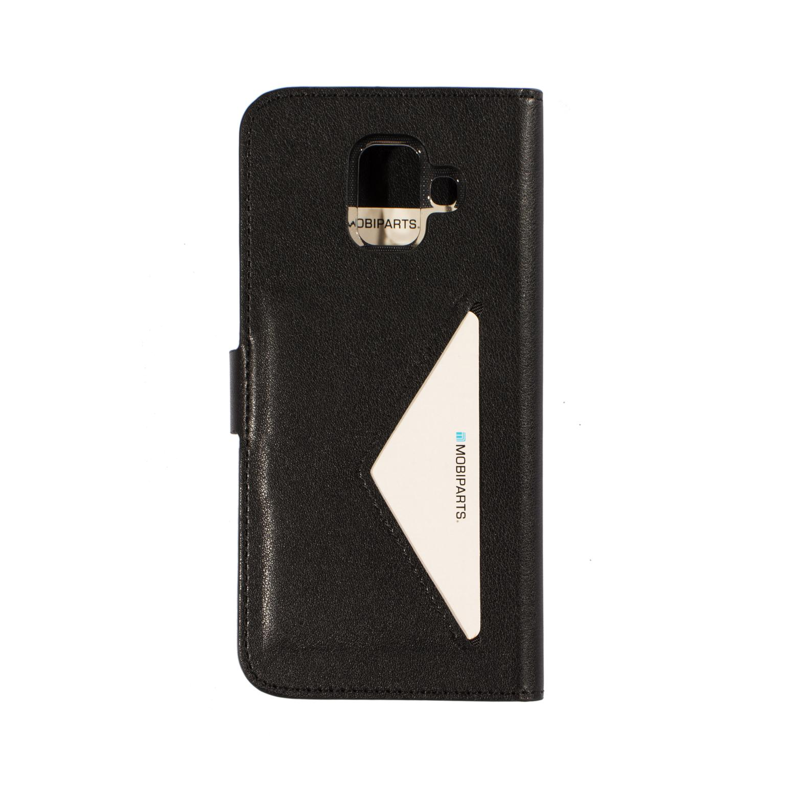 Black phone case with a white Mobiparts logo card. The camera is visible in the cutout.