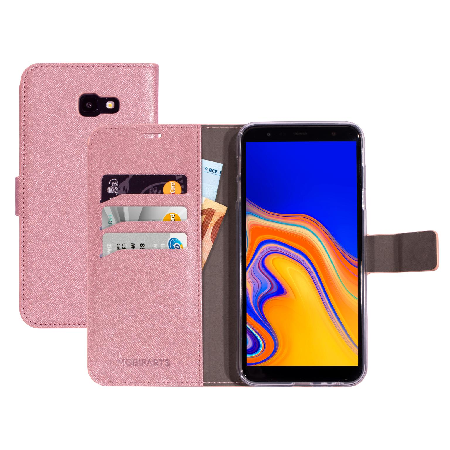 Roze telefoonhoes, open, met kaarten, een telefoon en Mobiparts logo.