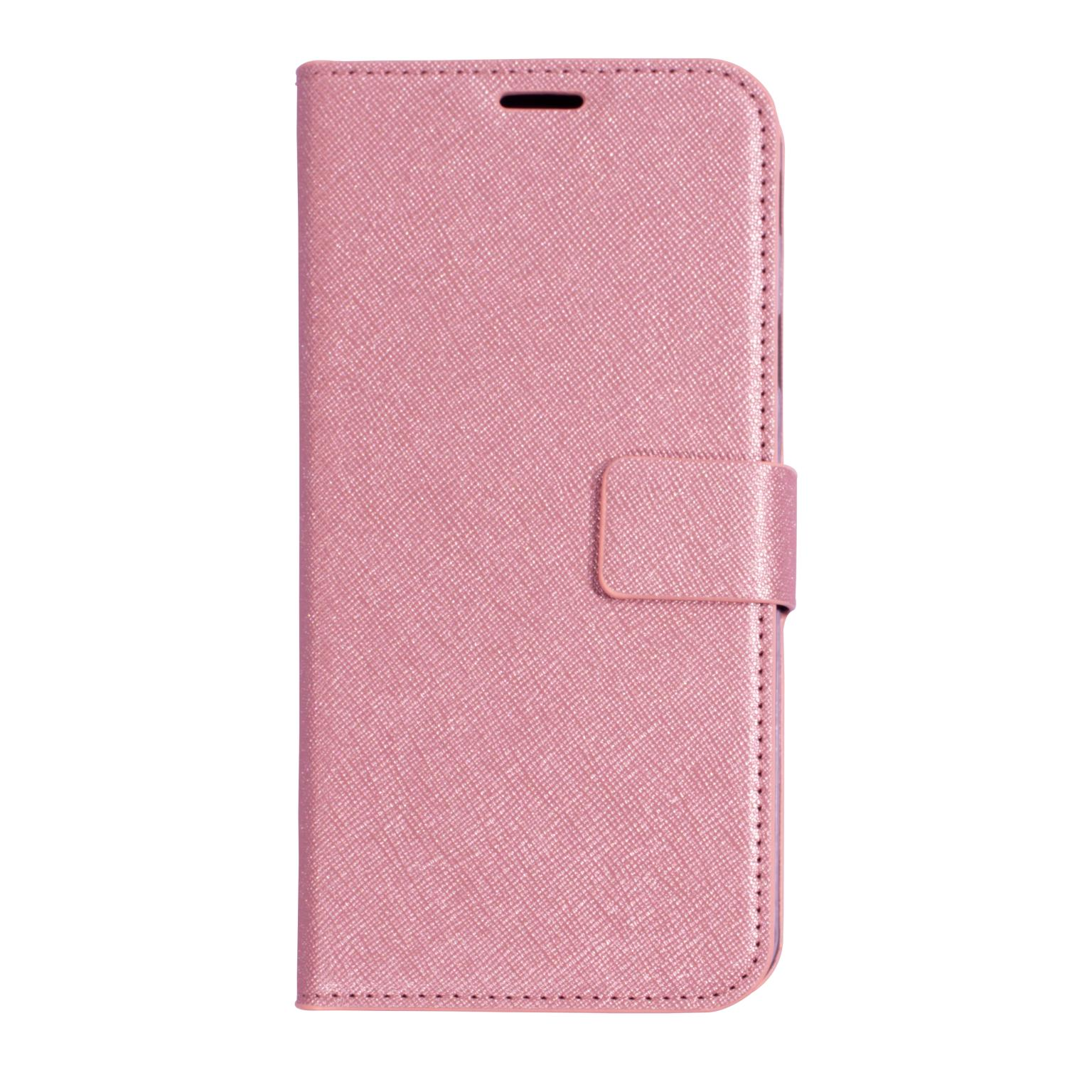 Roze telefoonhoes. Leren textuur. Gesloten met magnetische sluiting. Witte achtergrond.