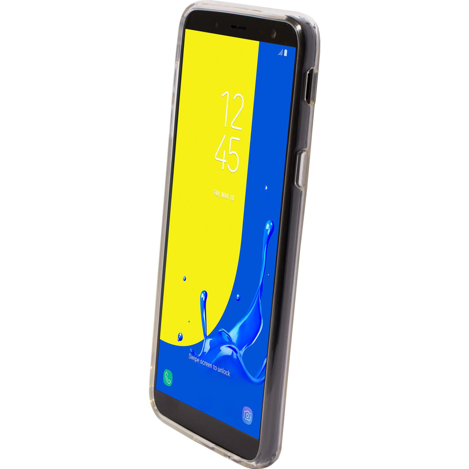 Een telefoon in een transparante hoes. De telefoon toont een geel en blauw scherm.