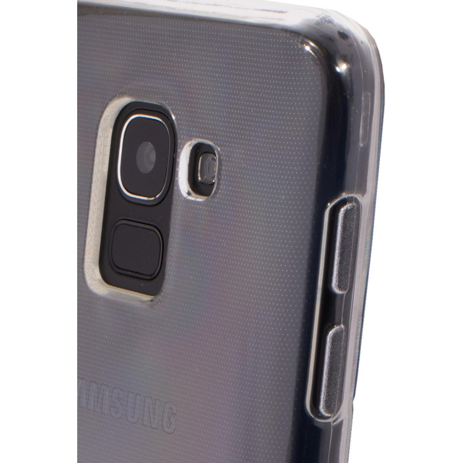 Close-up van een doorzichtig telefoonhoesje op een donkergrijze telefoon.