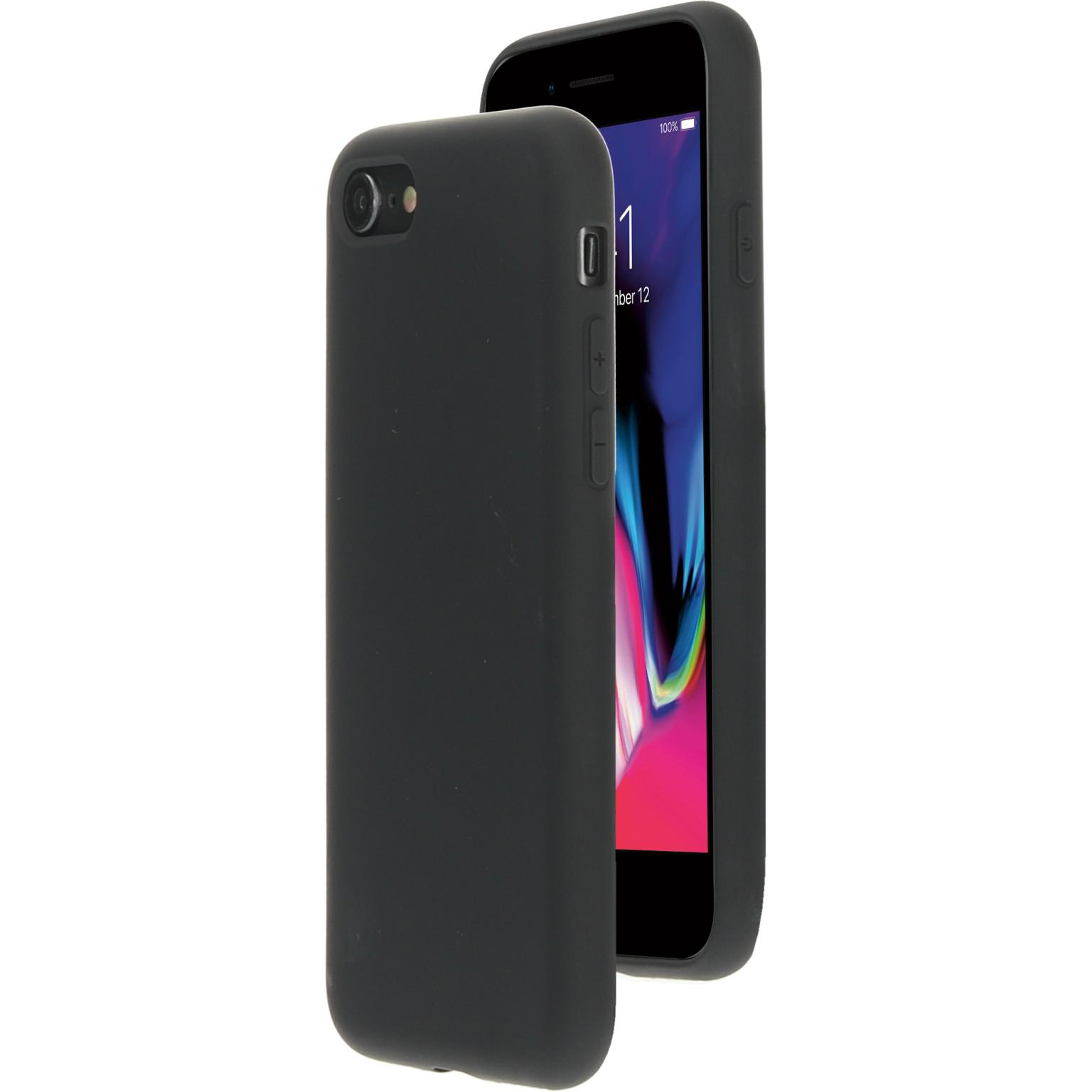 Zwarte telefoonhoes met een telefoon erin. De telefoon toont datum en tijd.