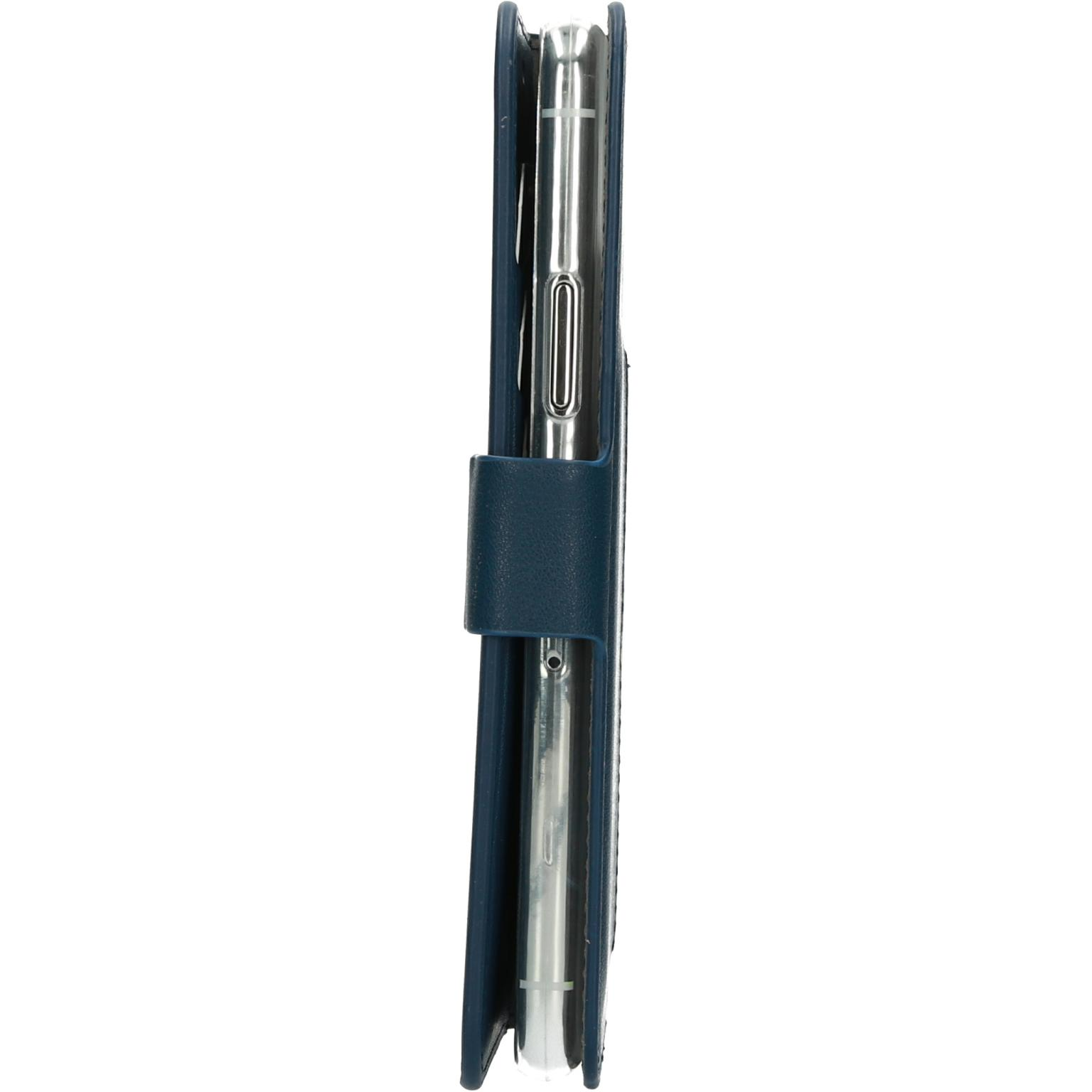 Zijaanzicht van een blauwe telefoonhoes met een telefoon erin.