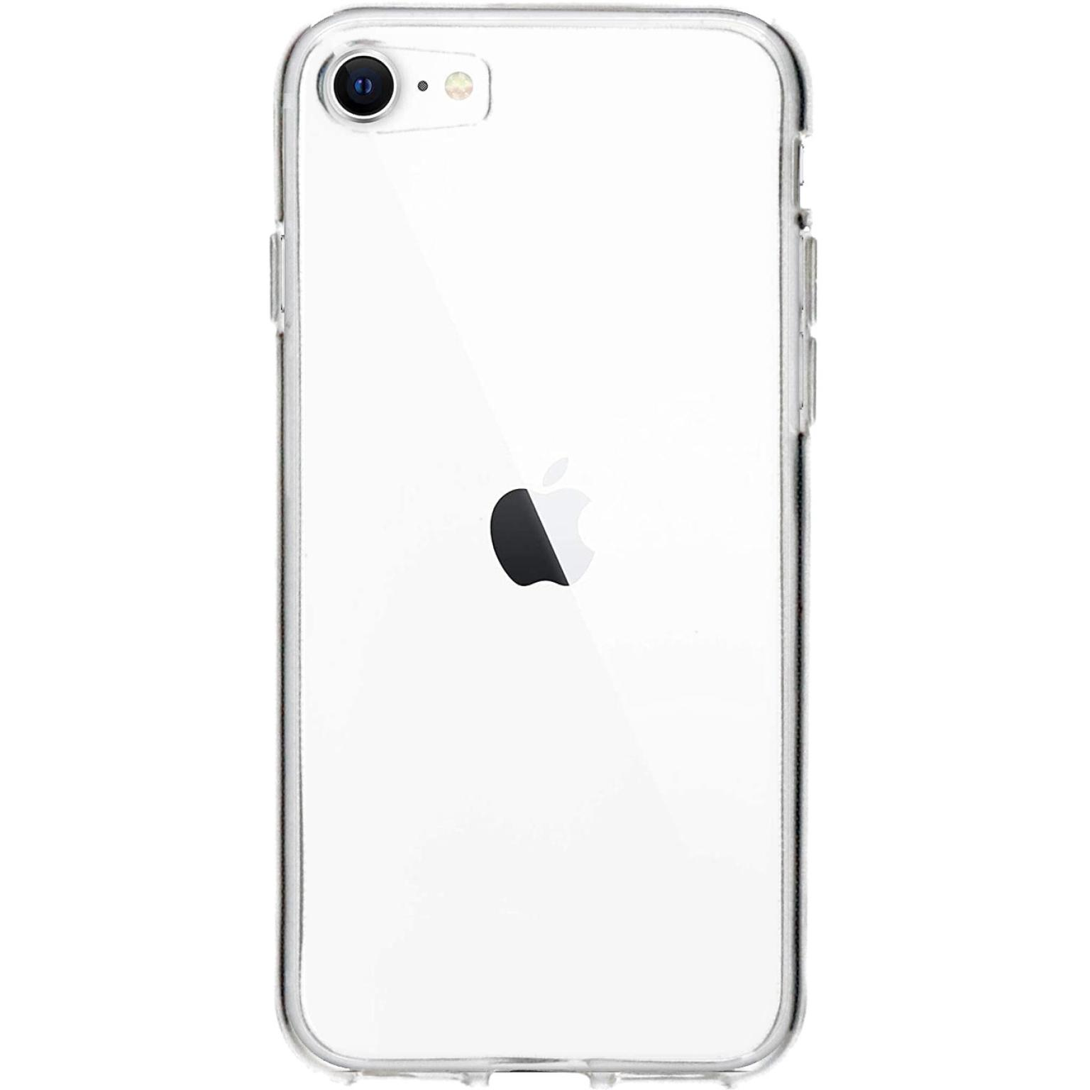 Transparante telefoon met Apple-logo, in een transparante hoes.
