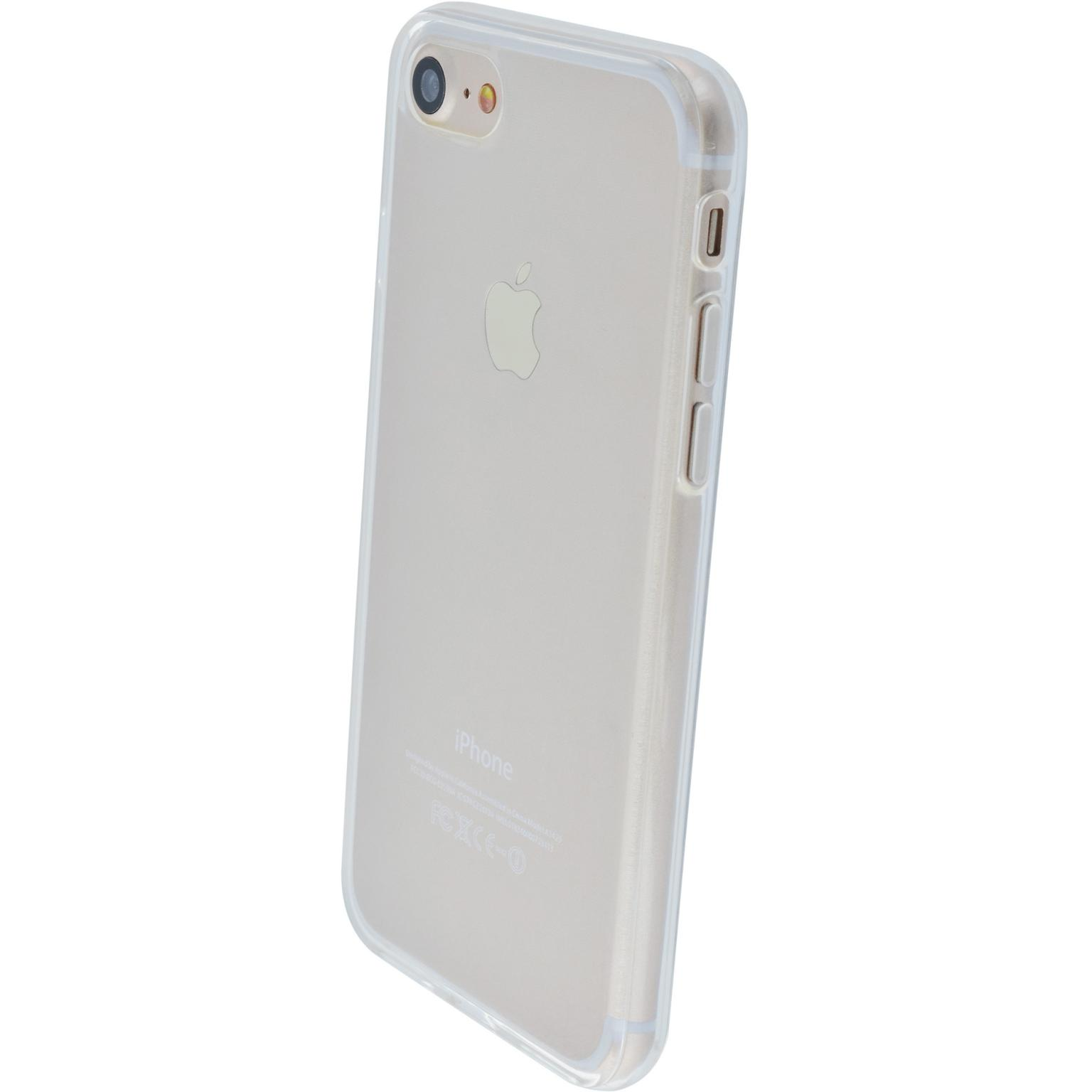 Transparante telefoonhoes op een telefoon. Het Apple-logo is zichtbaar.