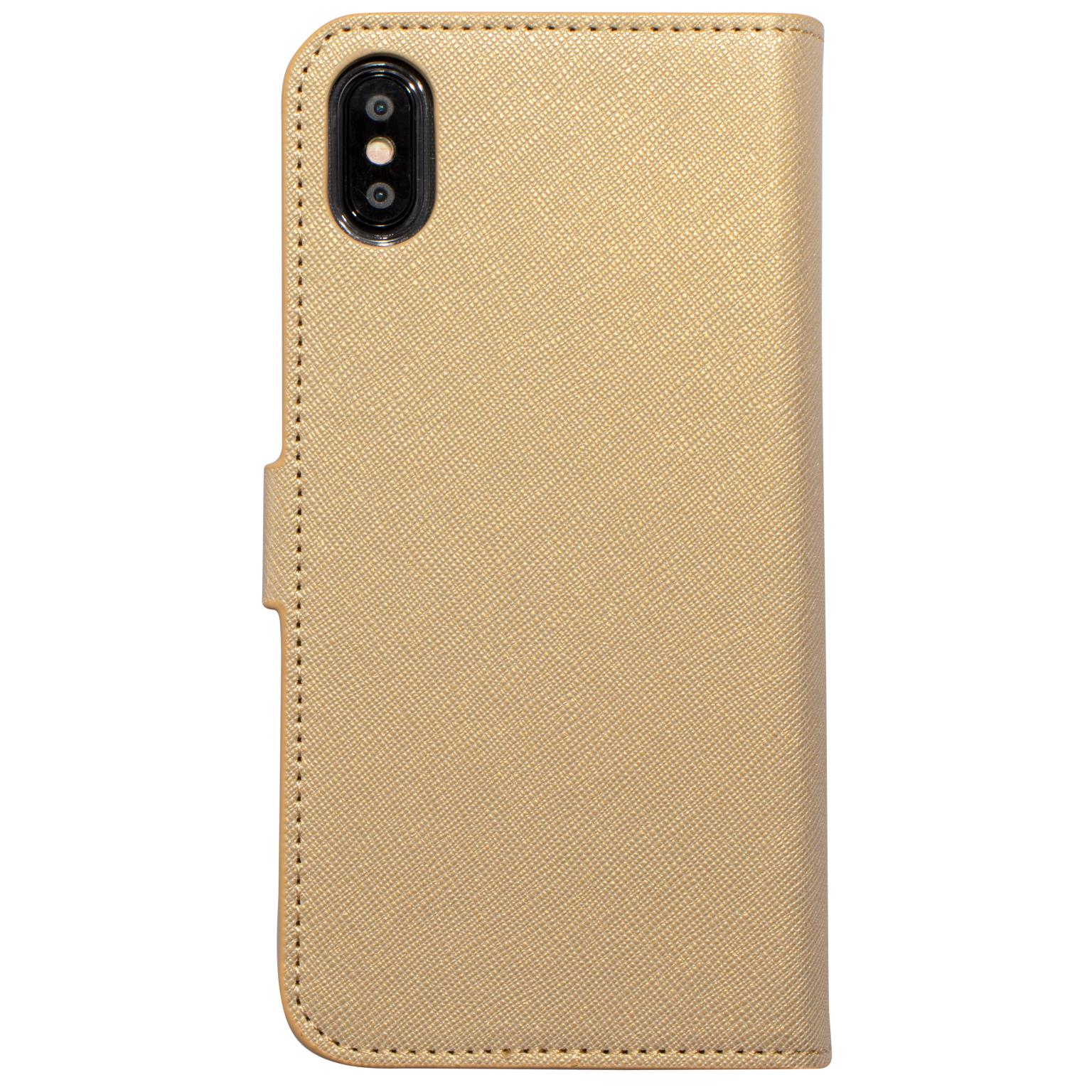 Gesloten gouden telefoonhoes. Camera bovenop. Textuur oppervlak met magnetische sluiting.