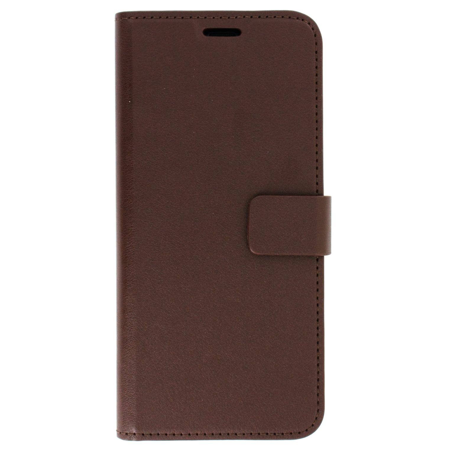 Bruine telefoonhoes, gesloten, met een magnetische sluiting. Eenvoudig ontwerp, getextureerd oppervlak.