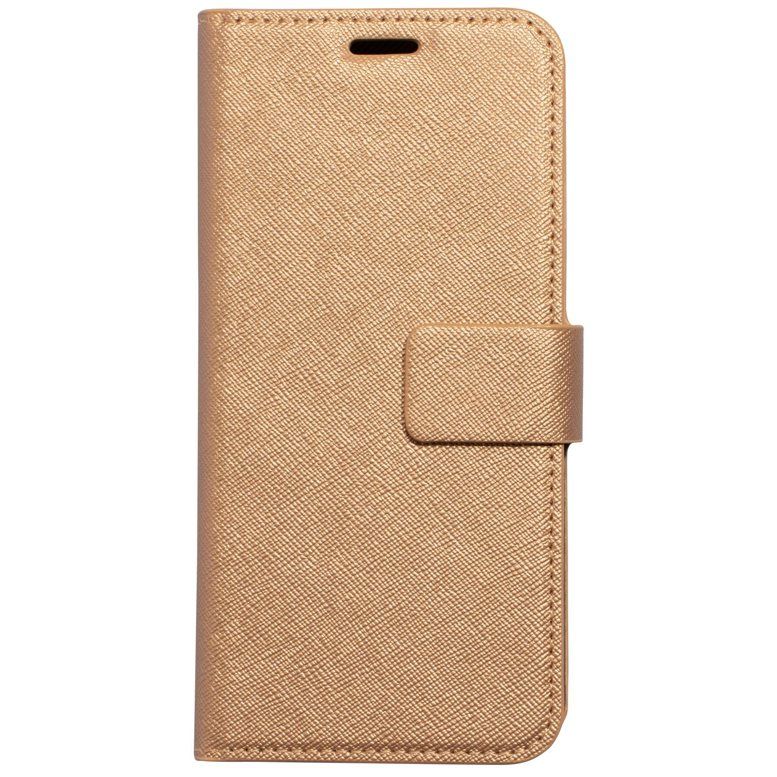 Gouden telefoonhoes, gesloten, met magnetische sluiting, op een witte achtergrond.