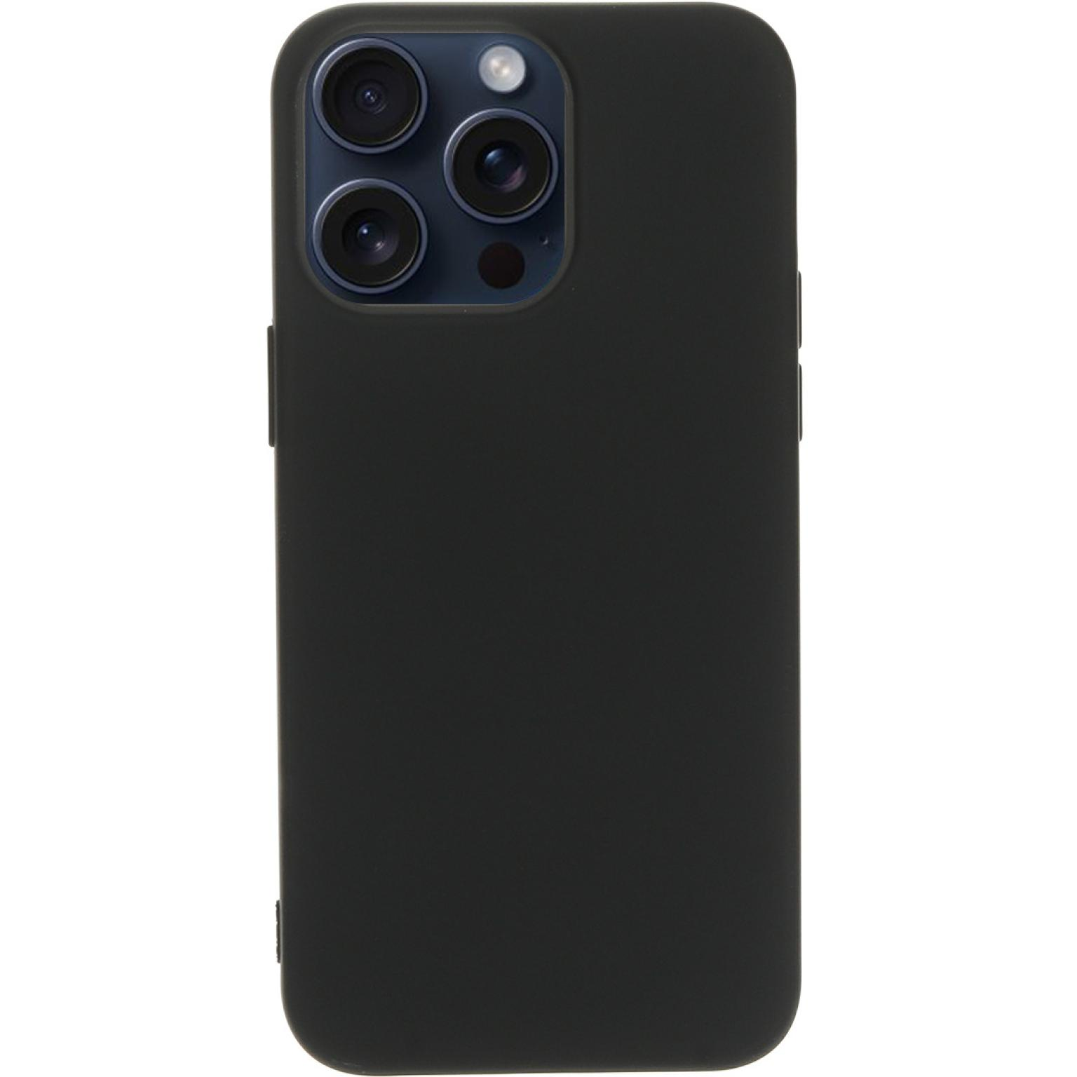 Zwarte telefoonhoes met drie cameralenzen en flitser.
