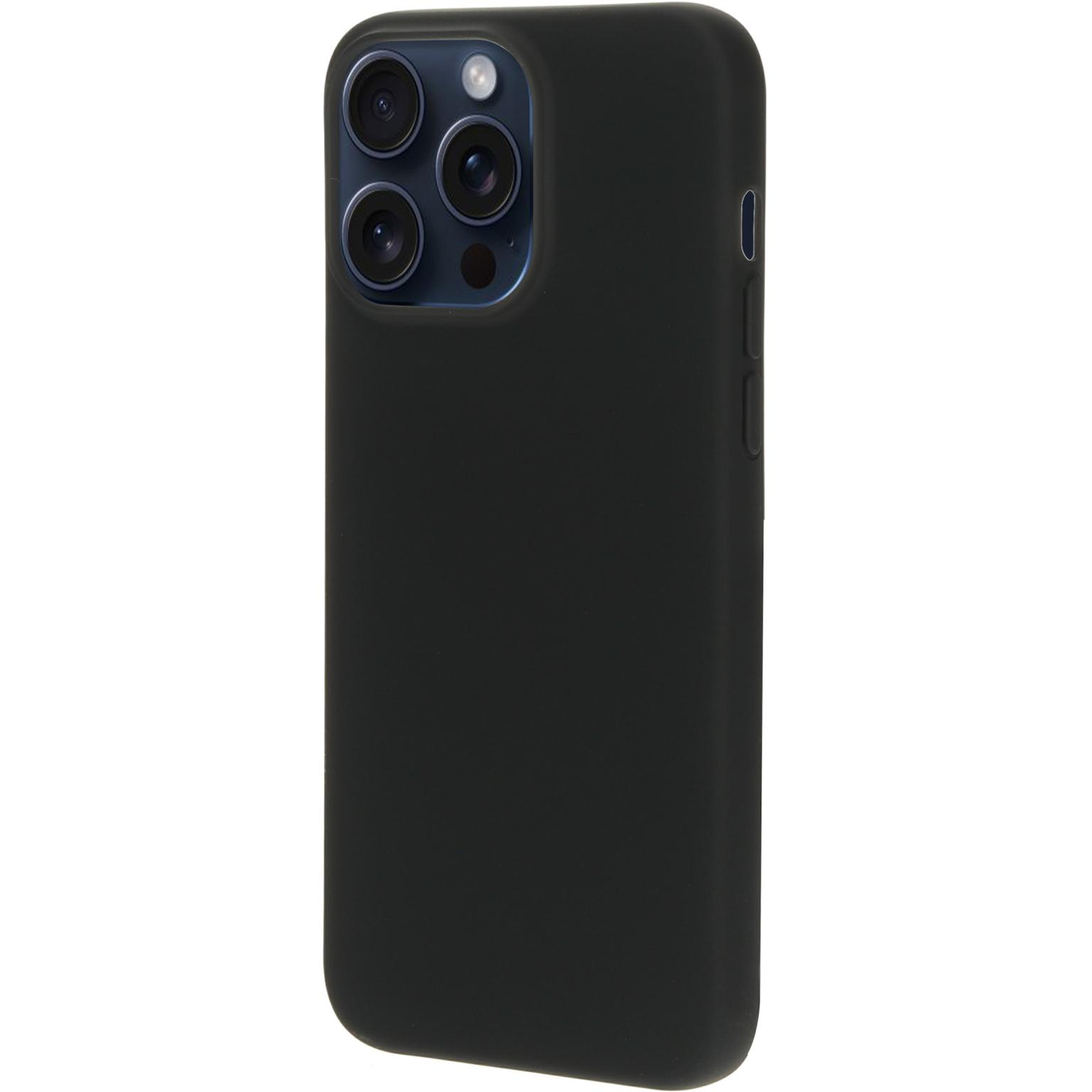 Zwart telefoonhoesje op een telefoon. De achterkant van de telefoon is zichtbaar.