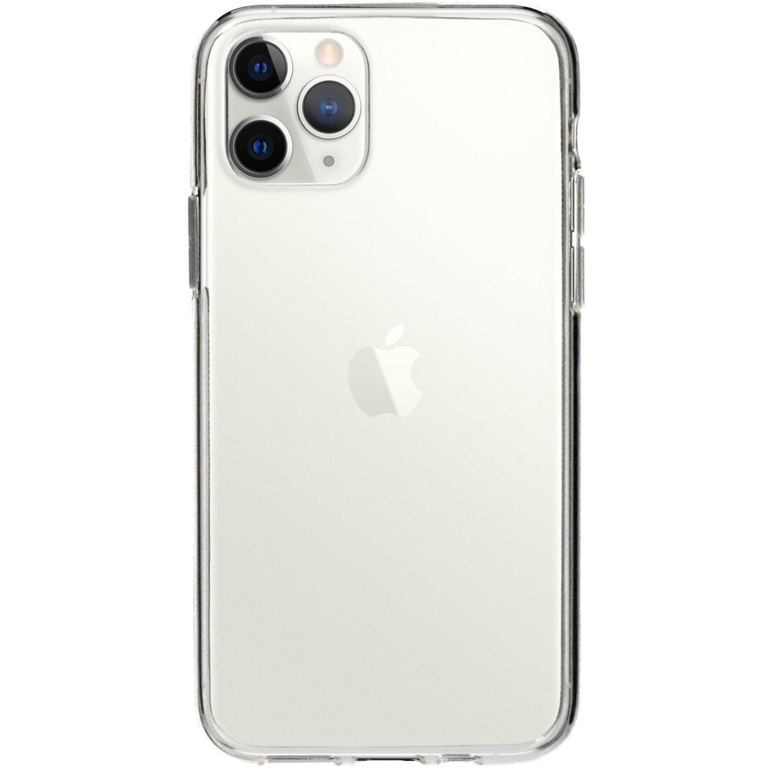 Transparante telefoonhoes met een Apple-logo. De telefoon heeft drie camera's.