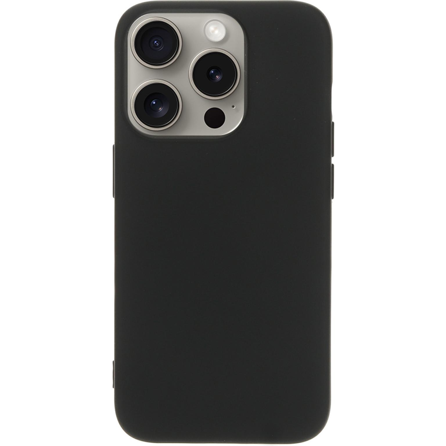 Zwarte telefoonhoes, achteraanzicht, voor een telefoon met drie camera's. Gladde, glanzende afwerking.