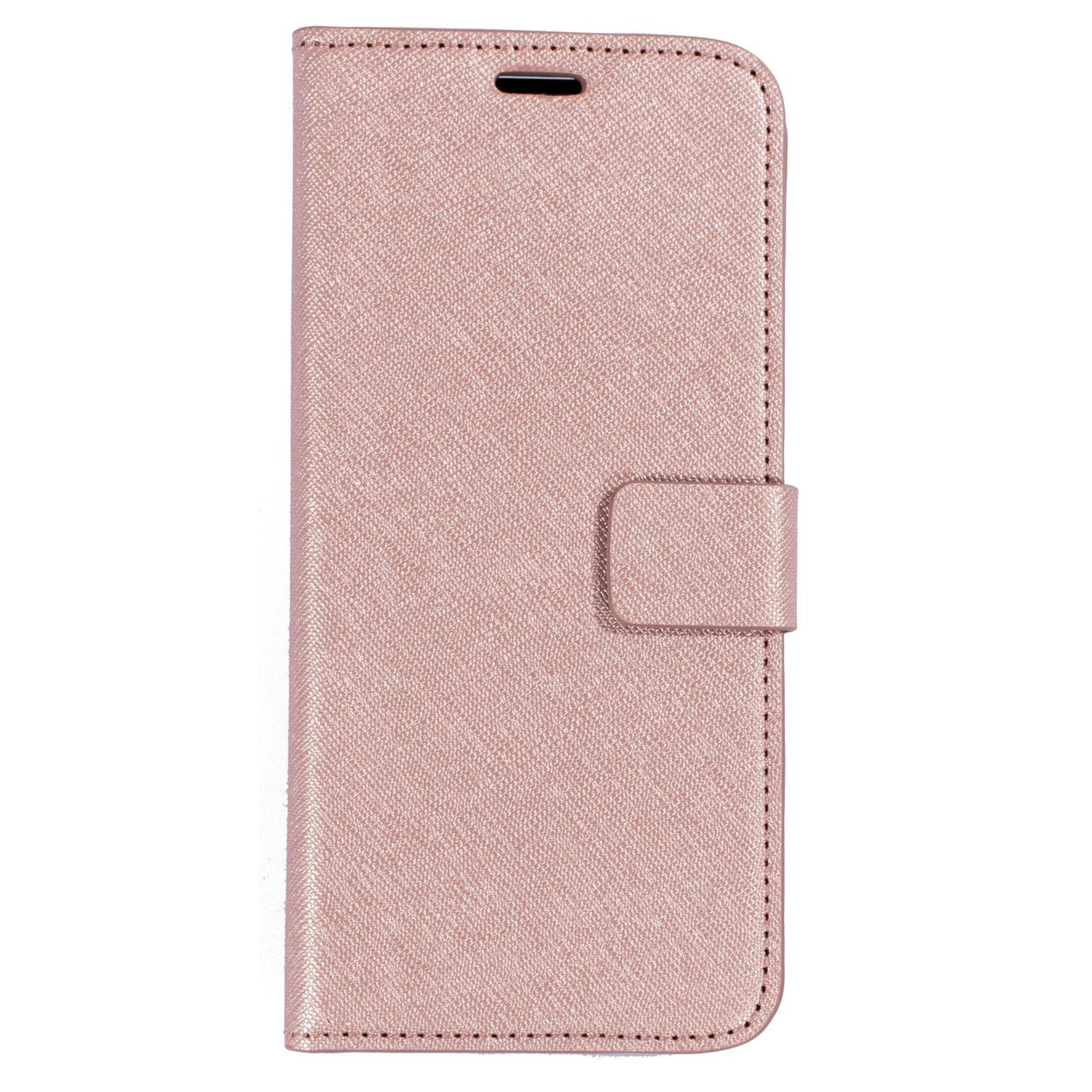 Roze telefoonhoes, gesloten, met kleine magnetische sluiting aan de zijkant. Effen oppervlak.