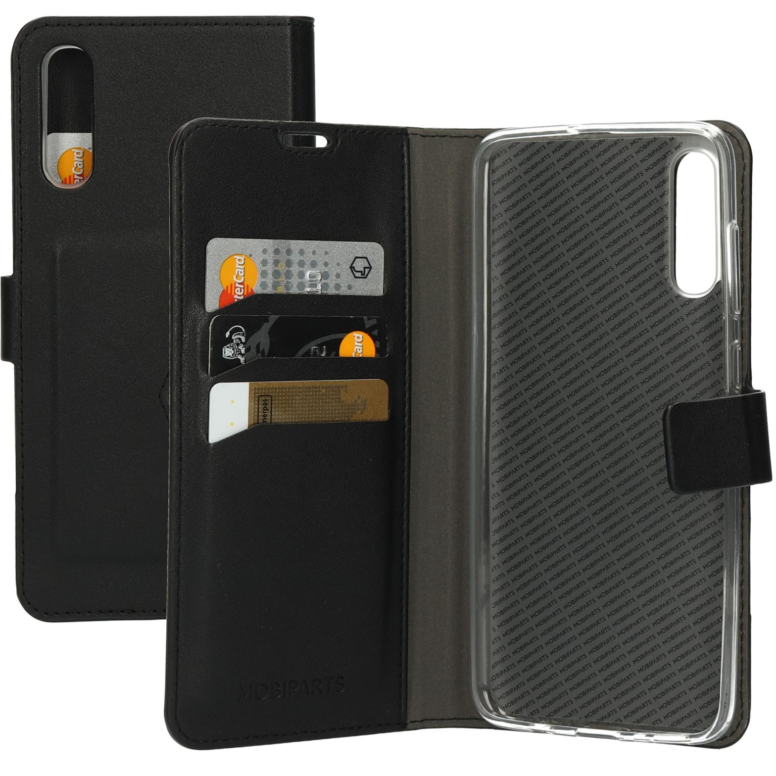 Zwarte telefoonhoes met kaartsleuven. Bevat telefoon en creditcards.