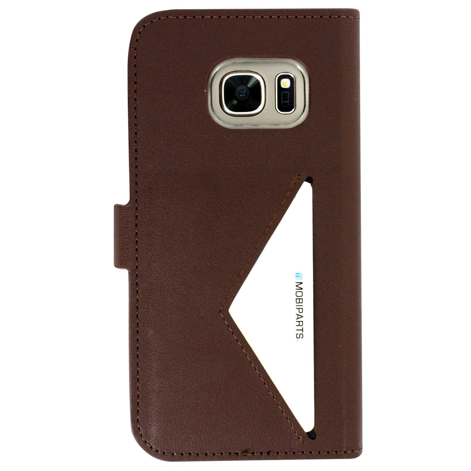 Bruine telefoonhoes, met een kaartsleuf en Mobiparts-logo.