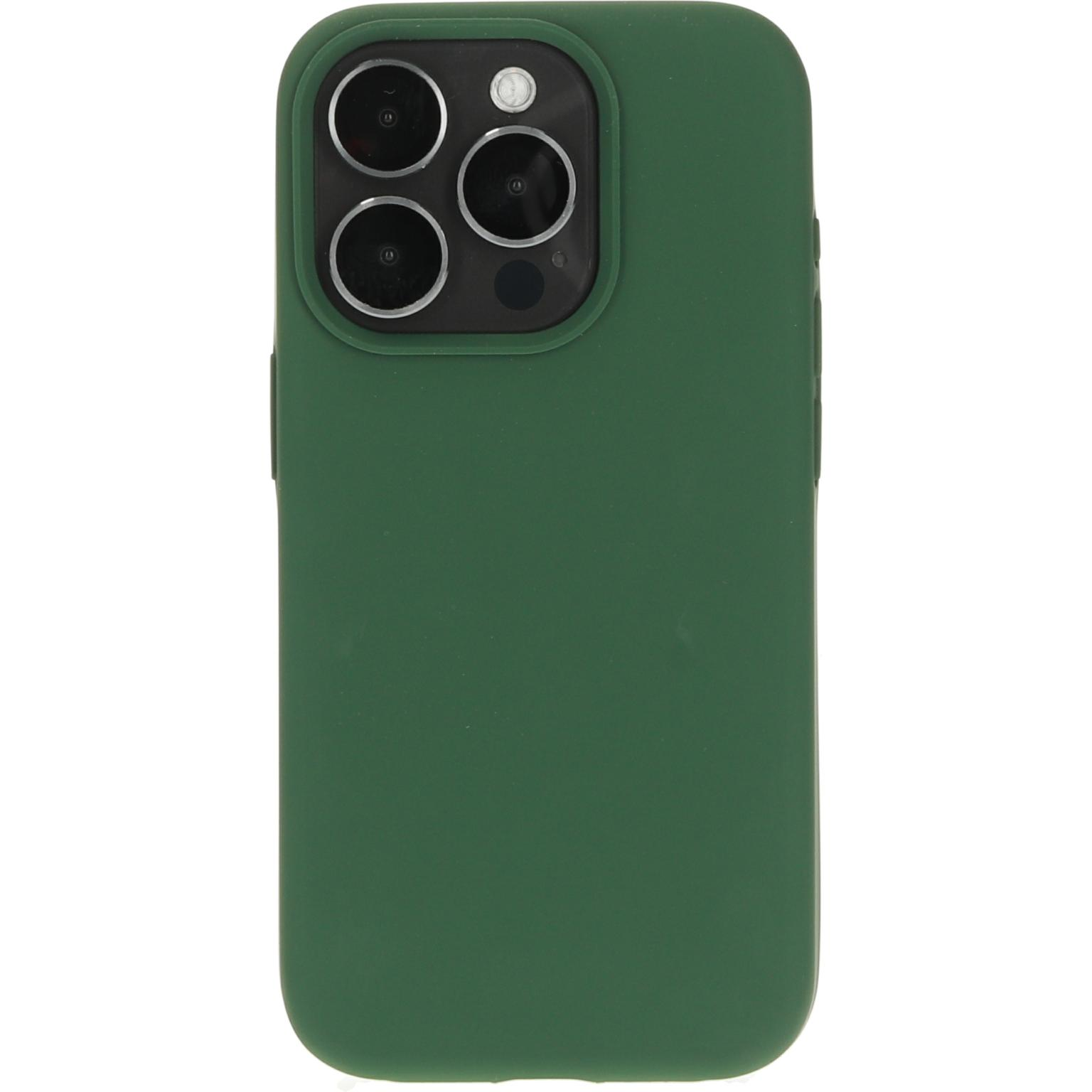Groene telefoonhoes met een camera-uitsparing. De hoes is gemaakt van effen groen materiaal.