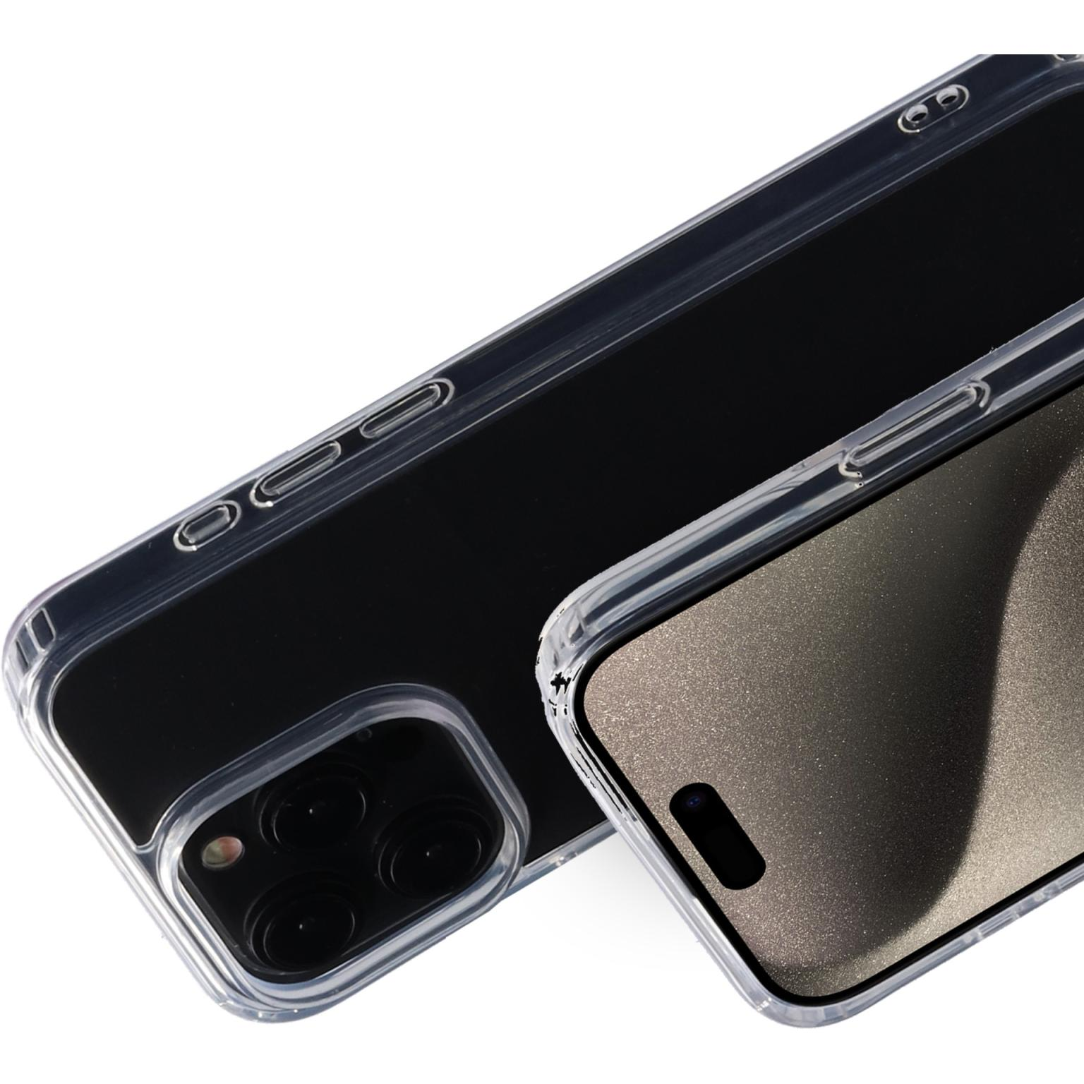 Transparante telefoonhoes, met een zwarte telefoon erin, en een camera-uitsparing.