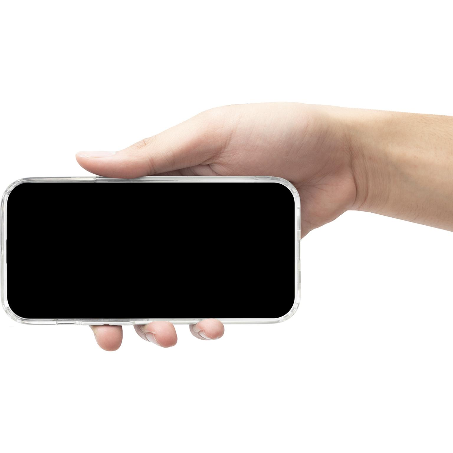 Een hand die een telefoon met een zwart scherm vasthoudt. De telefoon is omgeven door een doorzichtige hoes.