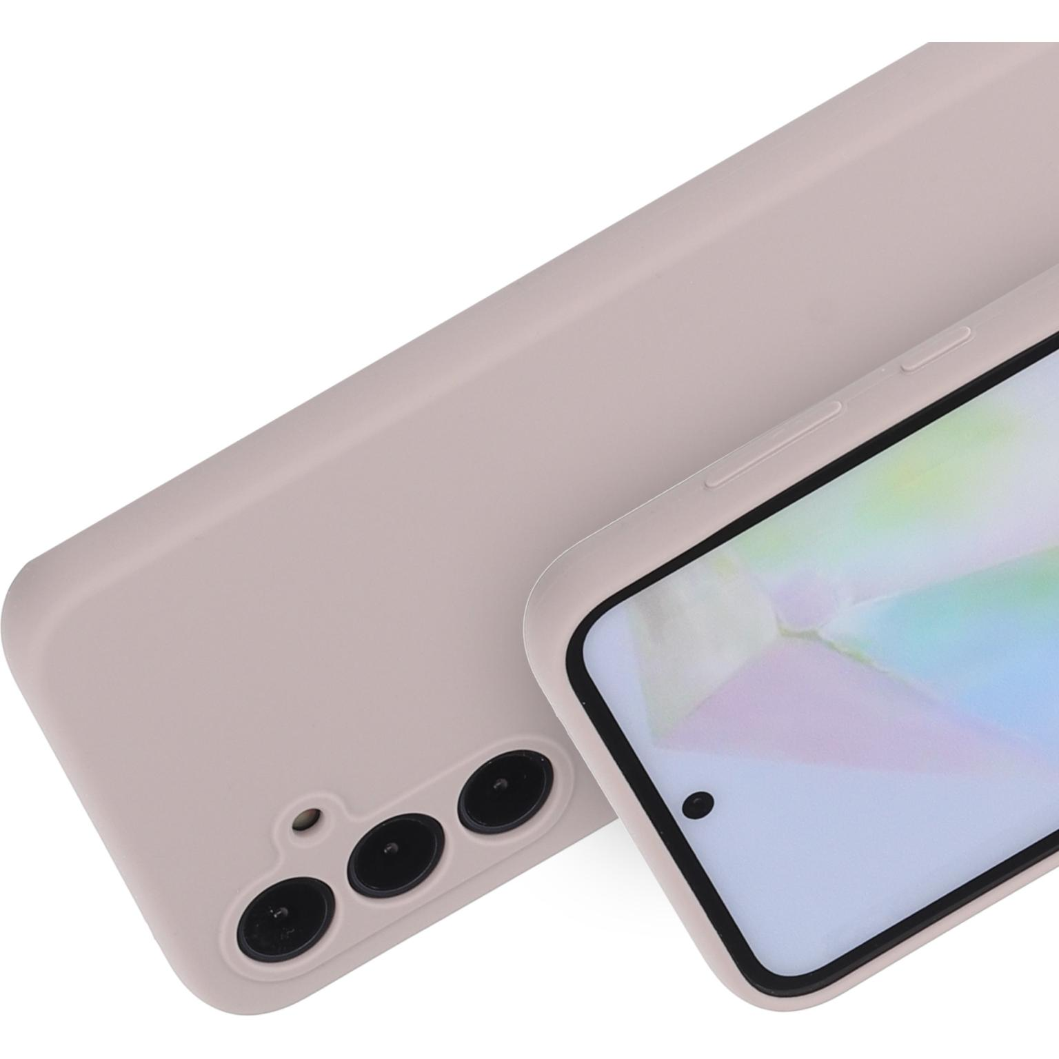 Roze telefoonhoesje. De telefoon zit in de hoes. De hoes is roze.