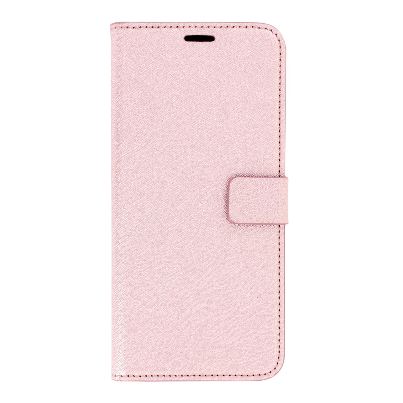 Roze telefoonhoes met een magnetische sluiting. De hoes heeft een glad, effen oppervlak.