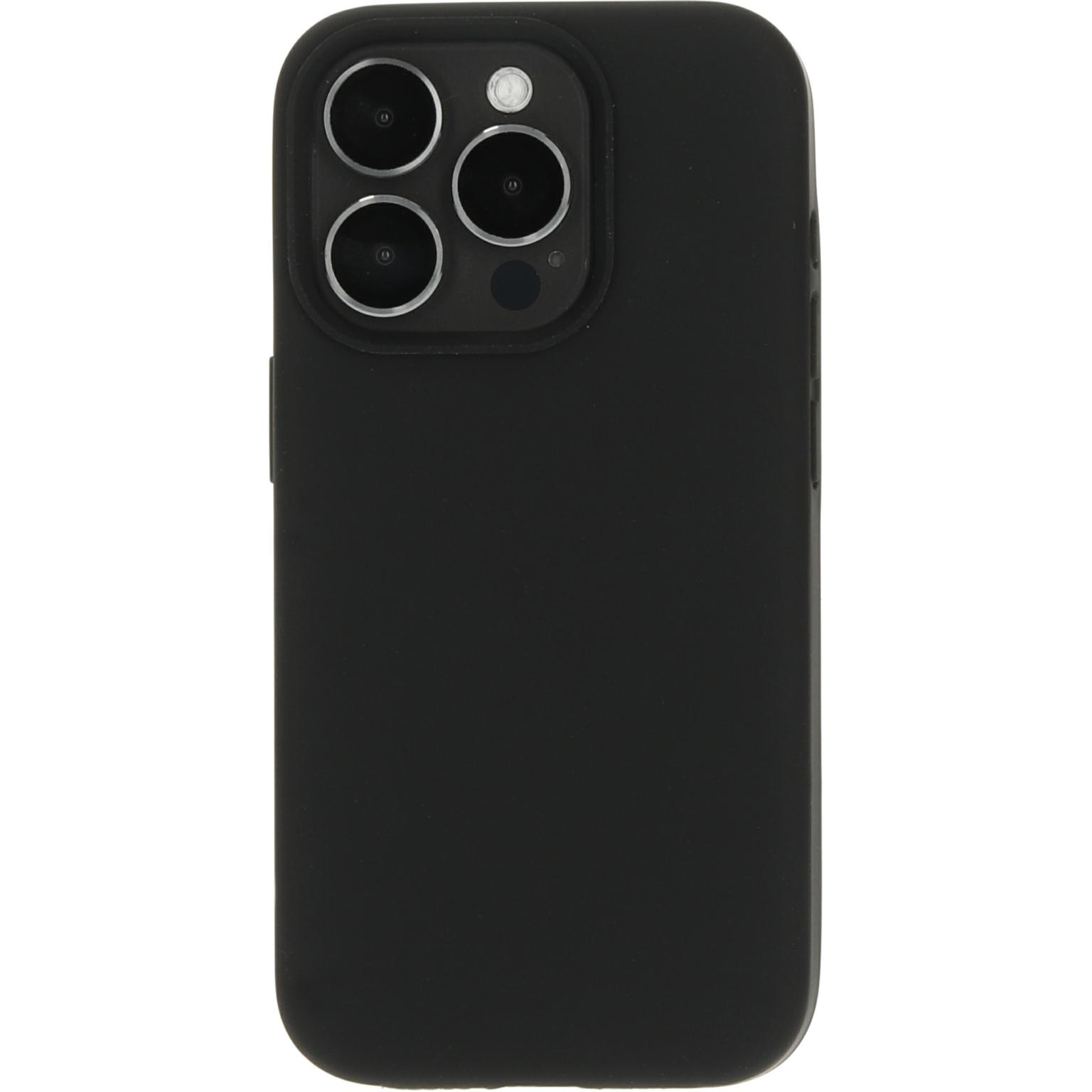 Zwart telefoonhoesje. De achterkant van de telefoon is zichtbaar.